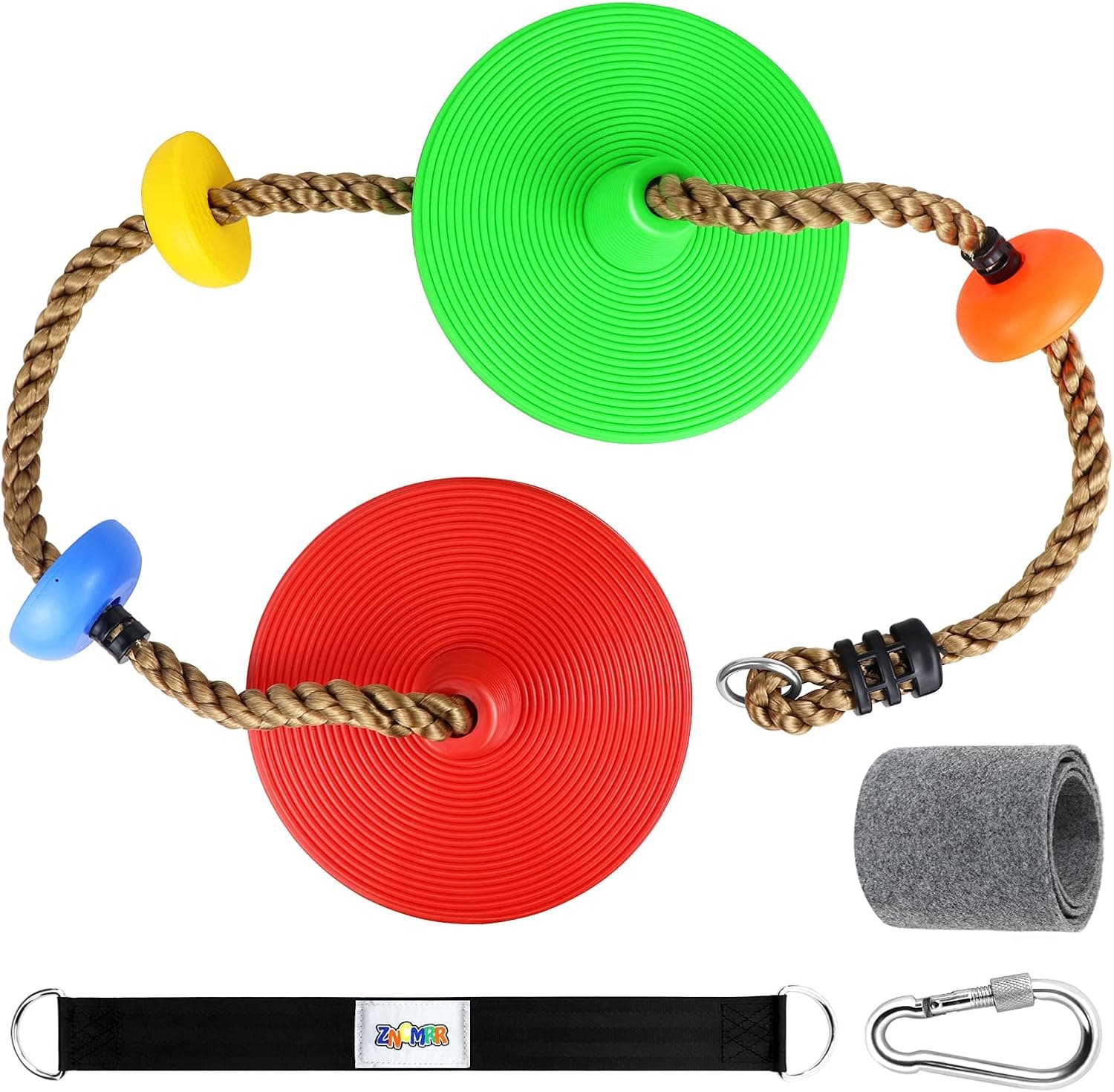 Climbing Rope with Platforms and 2 Disc Swing Seat Set Playground Accessories Including Bonus Hanging Strap & Carabiner(Green and Red)