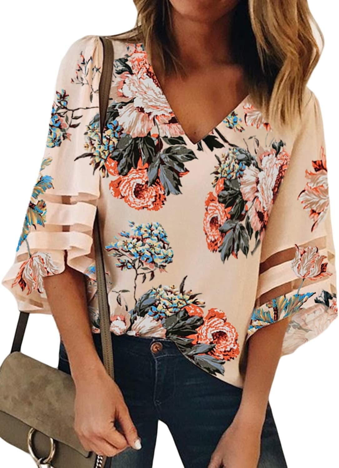 BLENCOT Womens 3/4 Bell Sleeve V Neck Lace Patchwork Floral Blouse Casual Loose Shirt Tops S-2XL