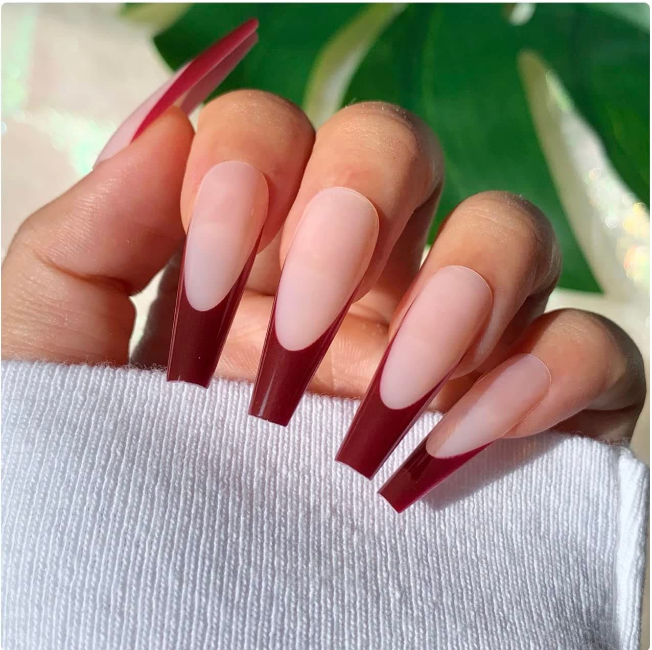 Long Press on Nails Ballerina Coffin French Fake Nails Full Cover Manicure Acrylic False Nails 24PCS, Brown