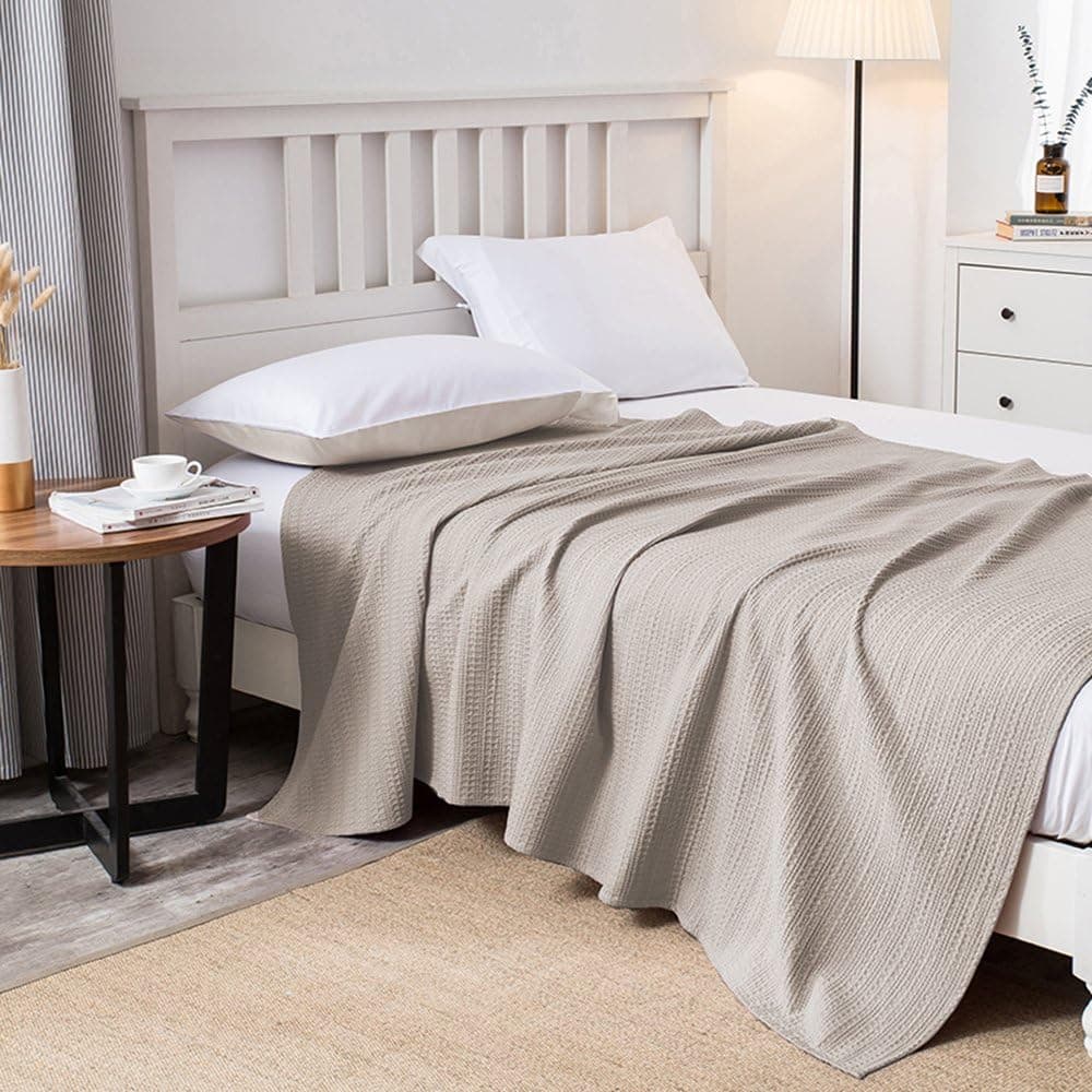 Merryfeel Cotton Bed Blanket,100% Cotton Waffle Weave Blanket Throw- Natural,Full/Queen