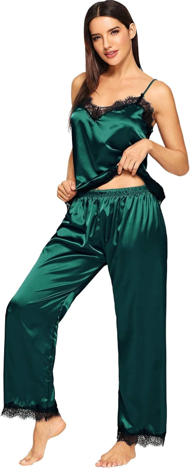 MakeMeChic Women's Lace Satin Sleepwear Spaghetti Strap Cami Soft Lingerie 2 Piece Pajama Set