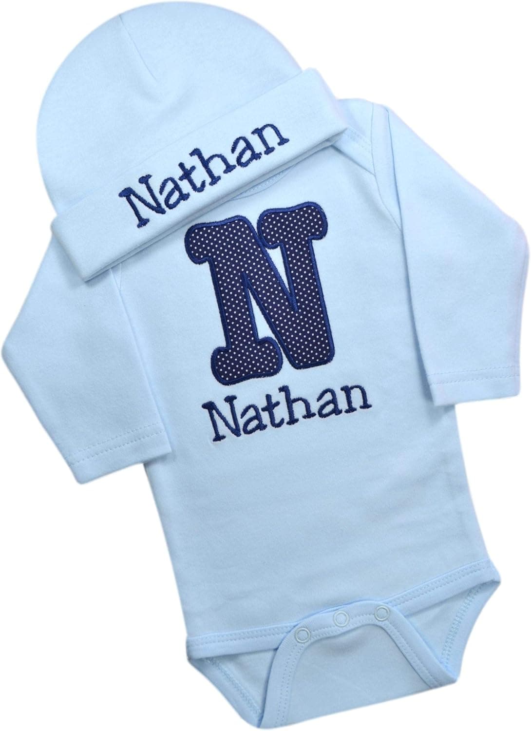 Personalized Embroidered Baby Boys Bubble Initial Bodysuit with Matching Cotton Beanie Hat and Your Custom Name Gift Set