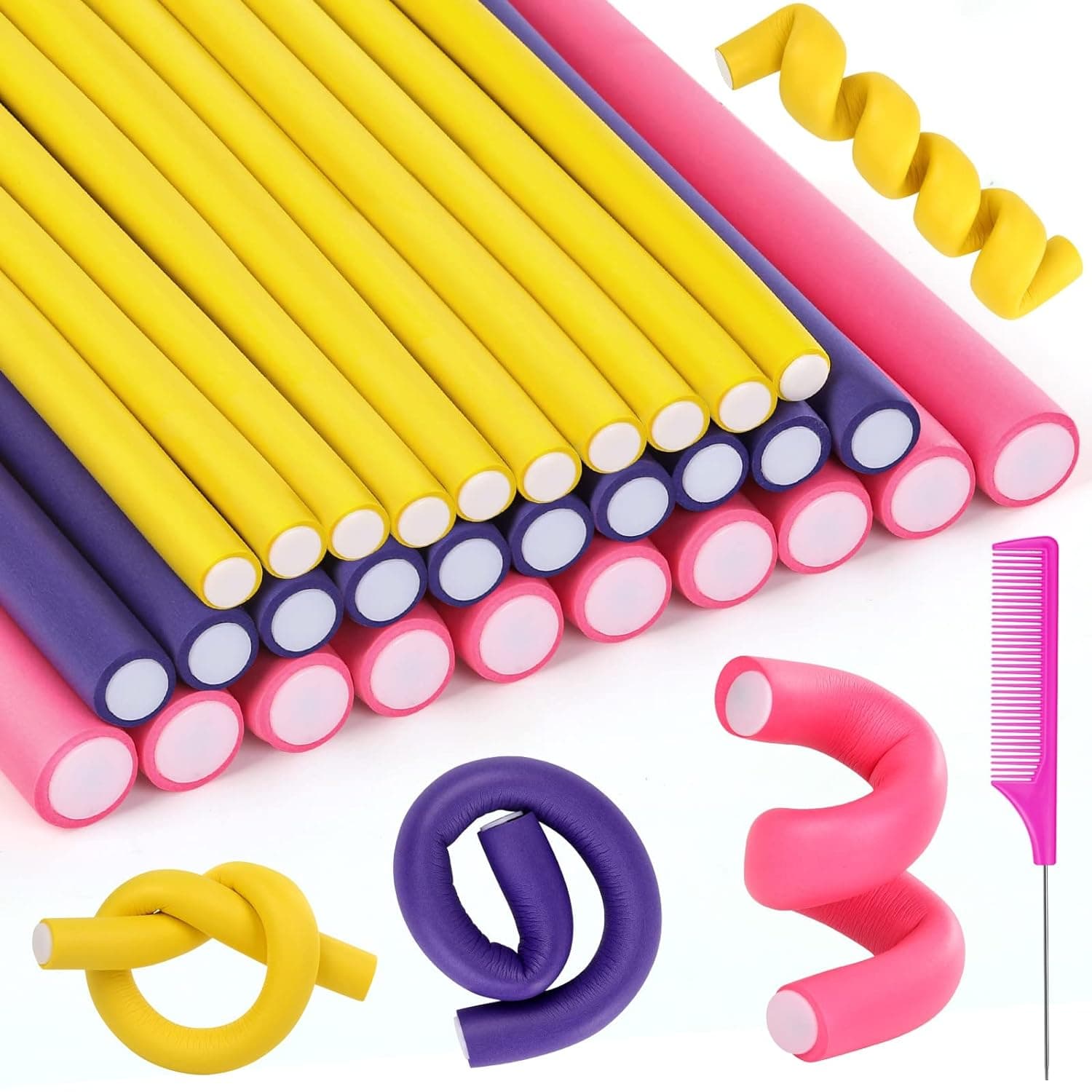 30Pcs 9.45" Flexible Curling Rods Heatless Hair Rollers Curlers with 3 Sizes Foam Curlers Hair Rods for Short and Long Hair