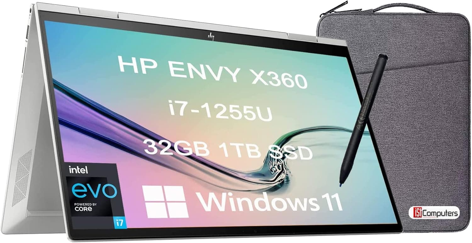 HP Envy X360 15 15t 2-in-1 Touchscreen (Intel 12th Gen i7-1255U, 32GB RAM, 1TB SSD, Active Stylus) 15.6" FHD IPS Laptop, Long Battery Life, Backlit KB, Thunderbolt 4, Free Computers Bag, Win 11 Home