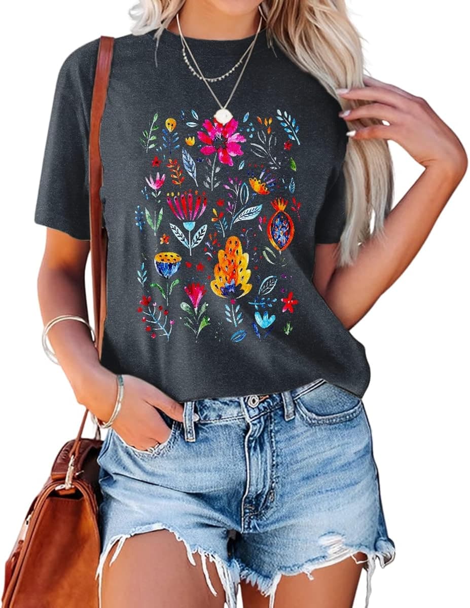 Womens Summer Tops Flower Graphic Tees Cotton Loose Floral Printed Blouse Round Neck Girls Casual Short Sleeve Shirts