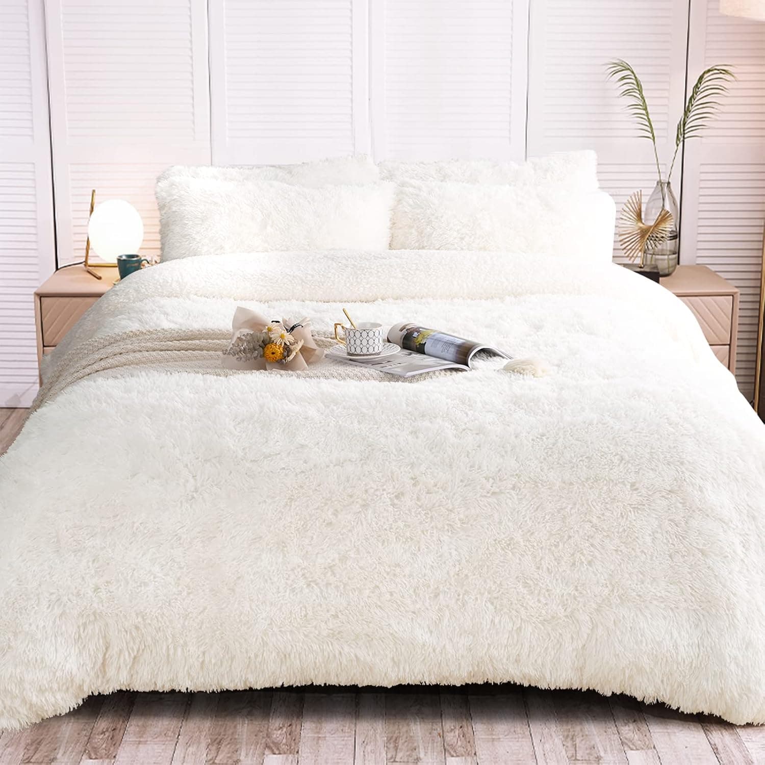 junovo Luxury Plush Shaggy Duvet Cover Set, Super Soft Faux Fur Velvet Bedding Sets 3 Pcs Twin Comforter Sets with 1 Velvet Duvet Cover, 1 Bed Flat Sheet and 1 Fluffy Pillow Cases, Cream