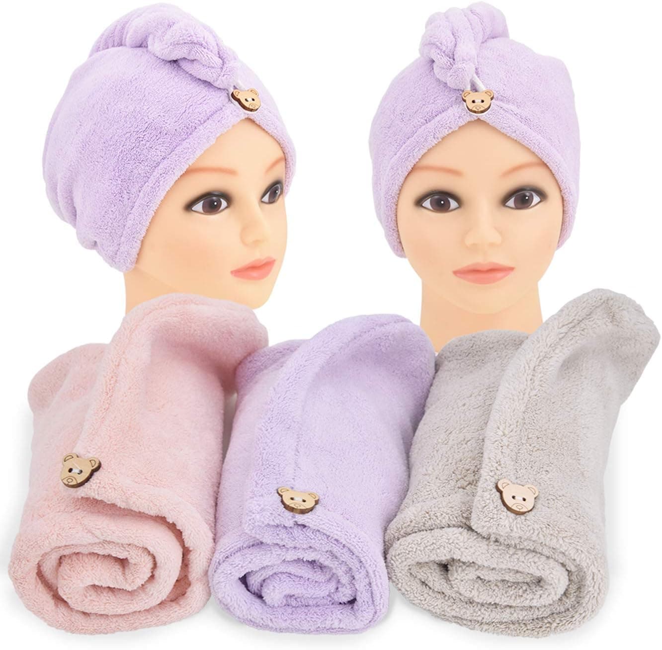 Microfiber Hair Towel Wrap Super Absorbent Twist Turban Fast Drying Hair Caps with Buttons Bath Dry Hair Hat, Magic Quick Dry Hair hat 3 Pack (26 x 16 Inches)(Pink &Grape Purple&Gray