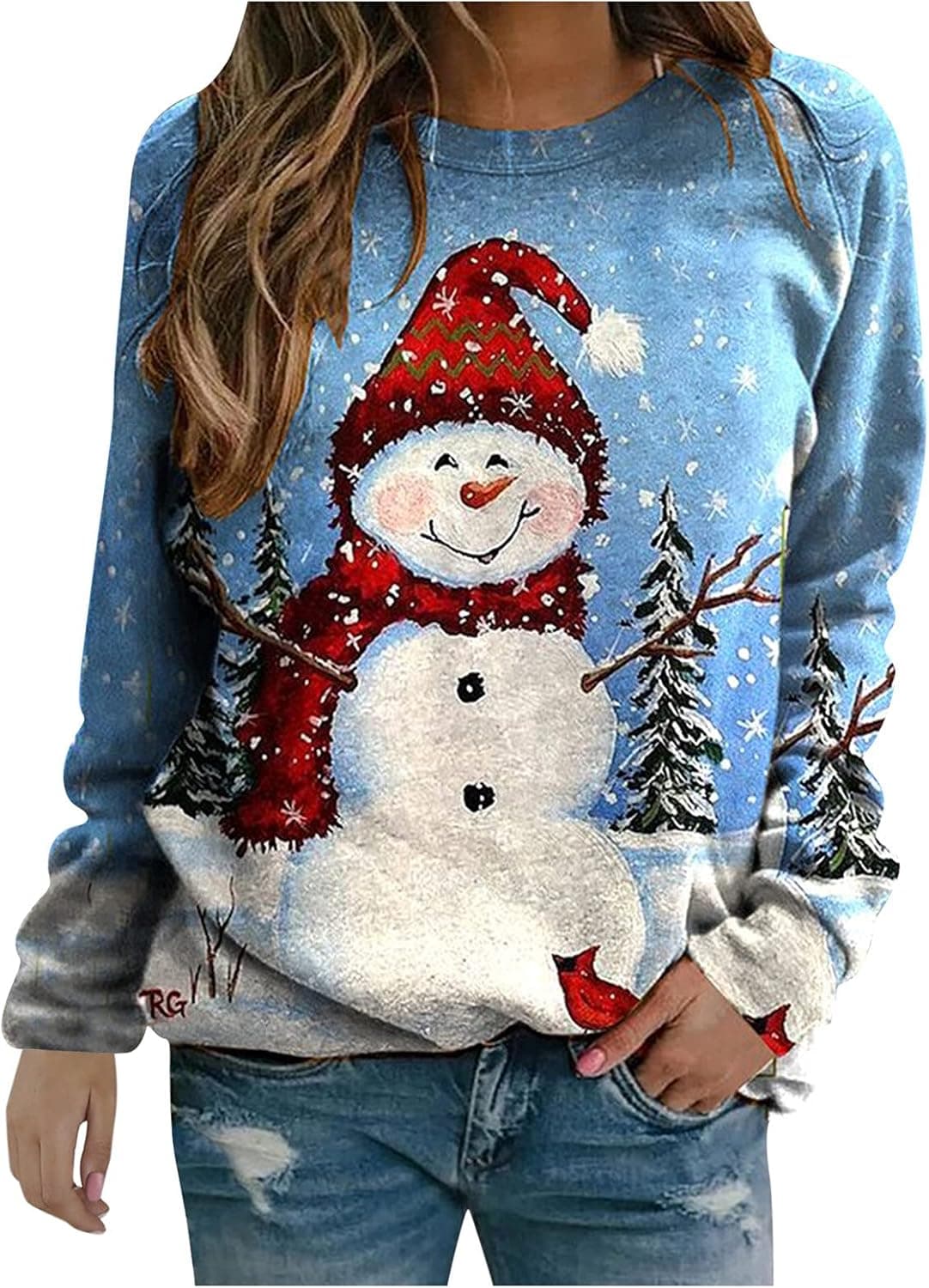Miximx Womens Christmas Tops Cute Printed 2021 Crewneck Blouse Shirts Cute Printed Pullover Loose Comfy Sweatshirts Light Blue, X-Large