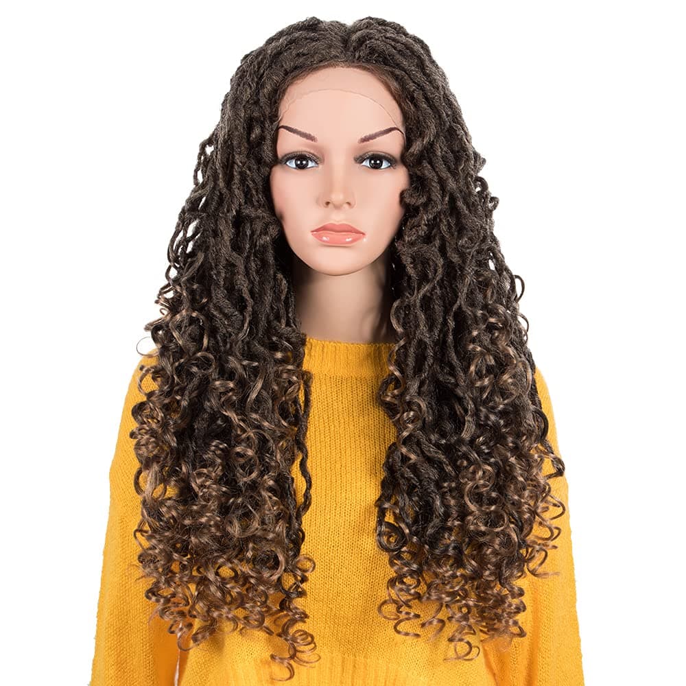 NOBLE Dreadlock Wigs Curly Braided Wigs for Black Women Soft Faux Locs Lace Front Wigs with 1.5"x4" Simulated Scalp Ombre Brown Synthetic Afro Curly Twist Wigs with Baby Hair 24 Inch