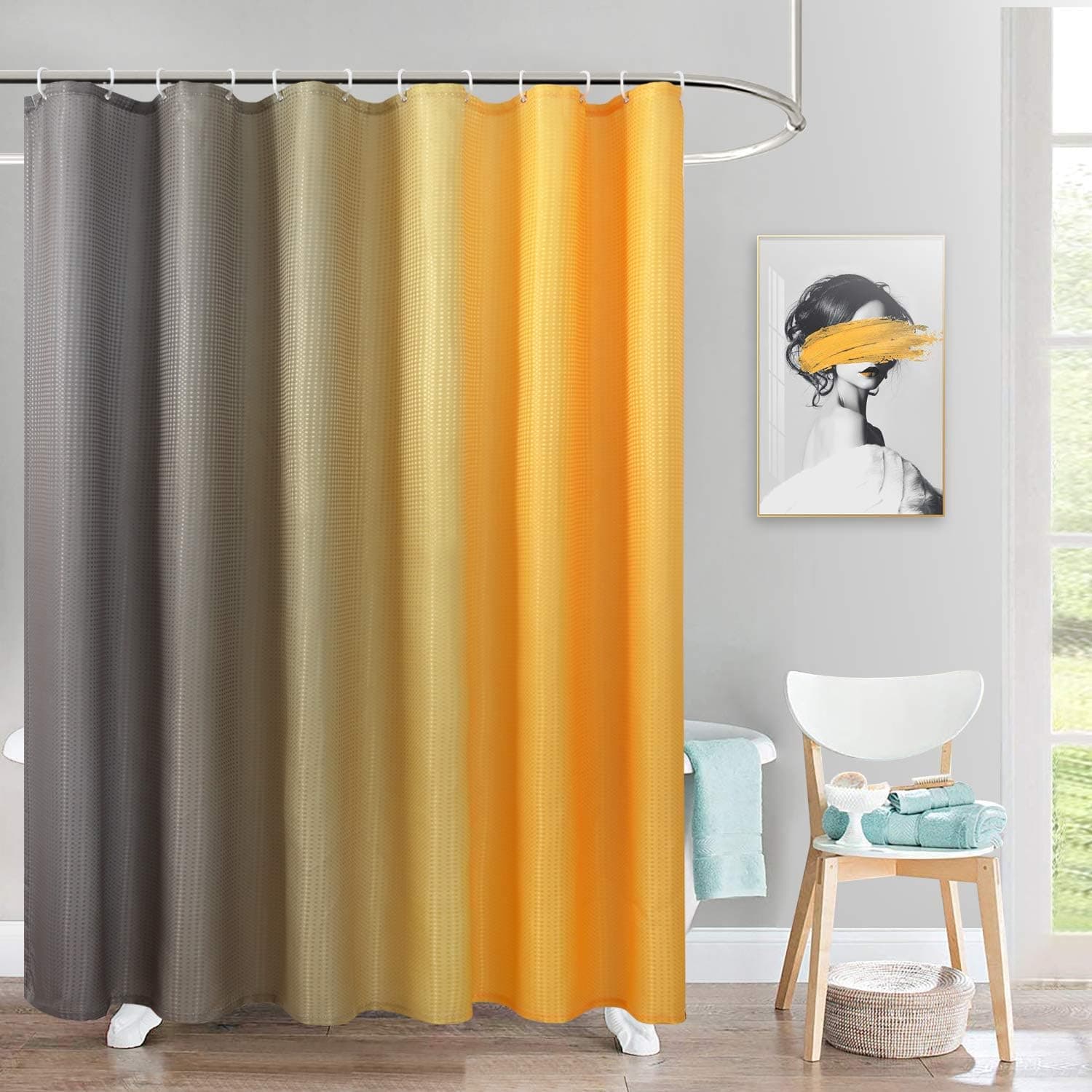 BGment Fabric Ombre Shower Curtain Sets with 12 Hooks for Bathroom Waffle Weave Waterproof Gradient Bath Curtain (72 x 78 inch, Mustard and Grey)