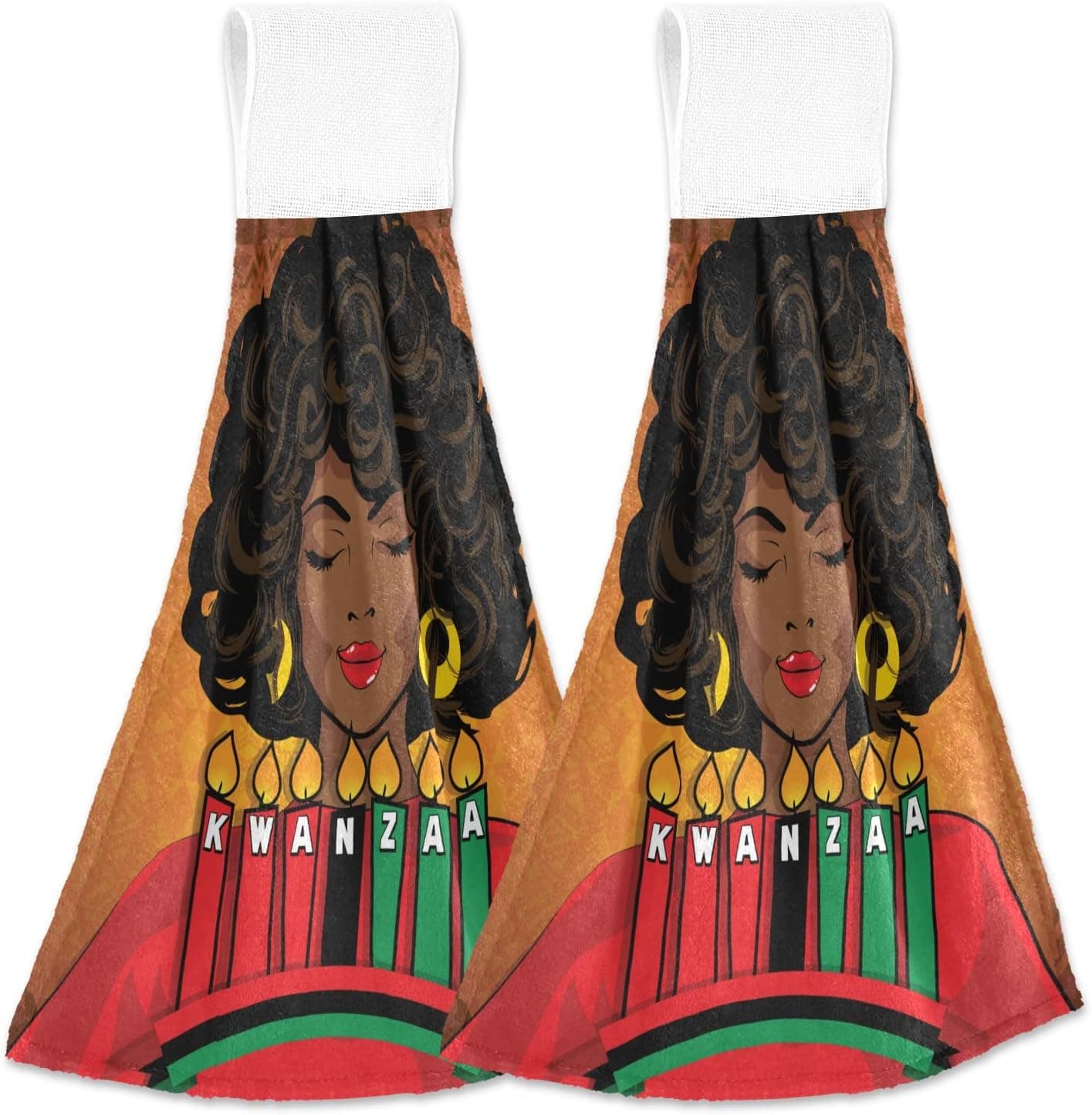 Selerdon Kwanzaa African Black Woman Candle Kitchen Towel Hanging Absorbent Tie Towel with Loop Washcloth Fast Dry Dish Towels Hanging Towels for Kitchen Bathroom Laundry Room Mudroom 2 Pieces