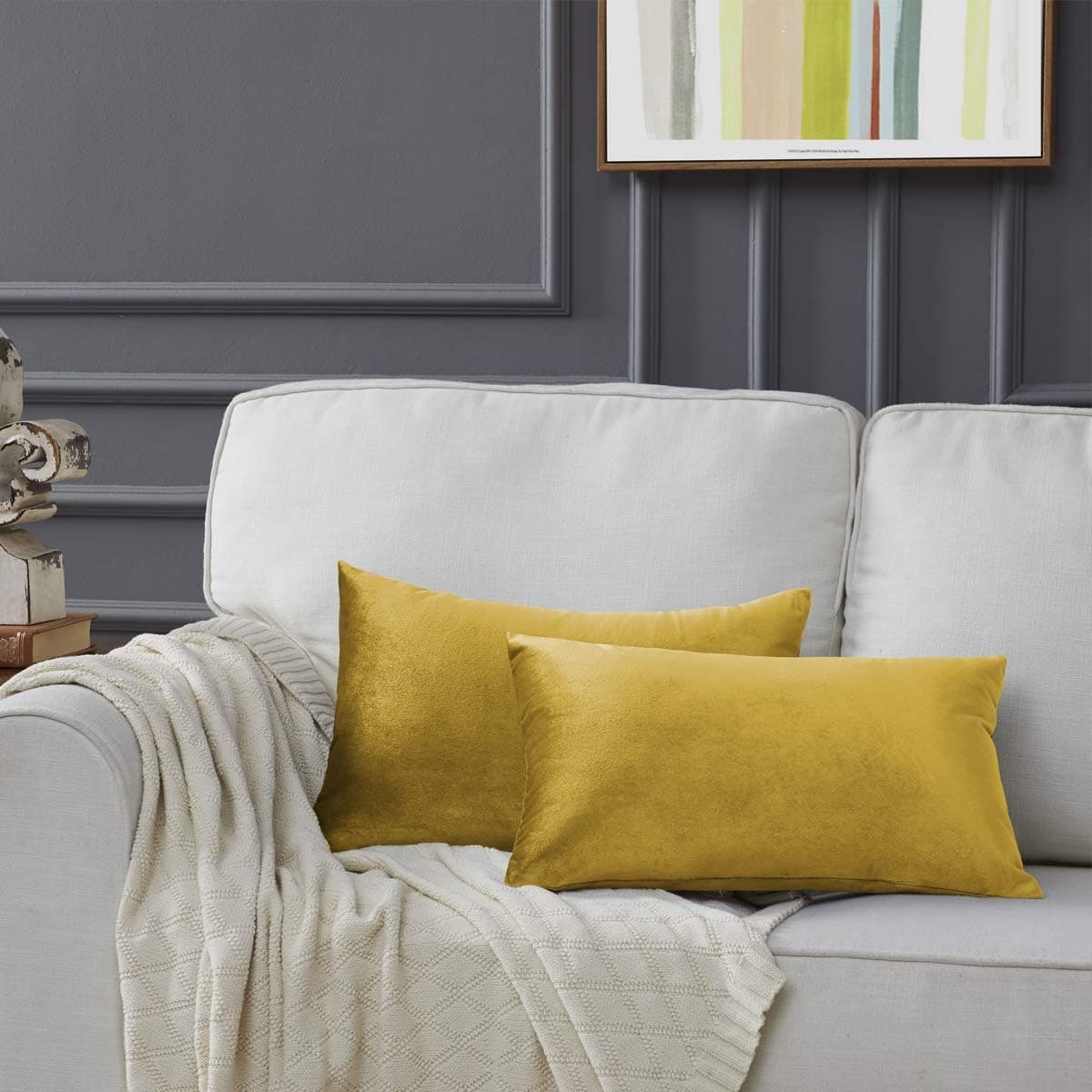 GIGIZAZA Yellow Velvet Decorative Throw Pillow Covers for Sofa Bed 2 Pack Soft Cushion Cover
