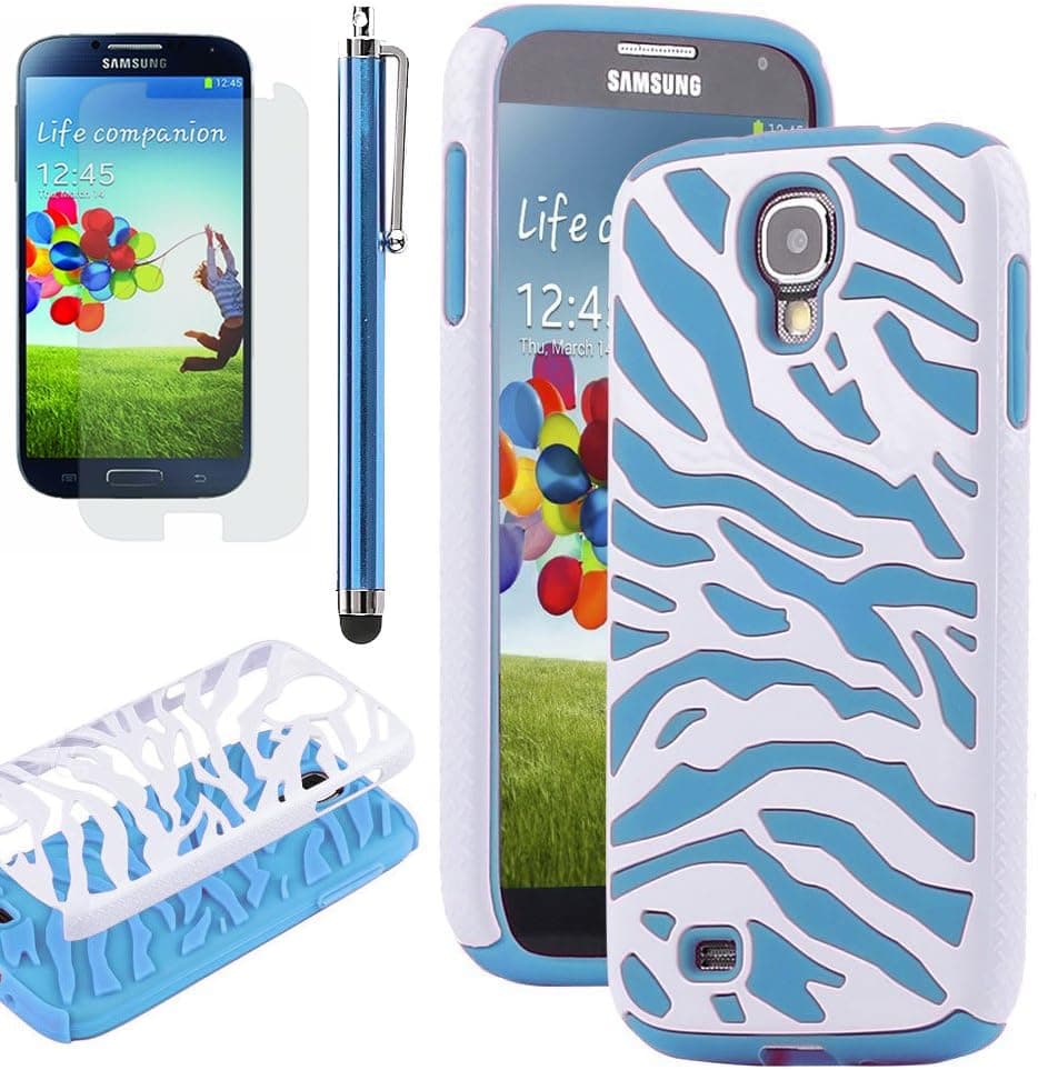 JKase(TM Dual Layer Zebra Design Combo Hard Soft High Impact Case Skin Gel Compatible for Compatible for Samsung Galaxy S4 IV i9500 with Screen Protector and Stylus - Retail Packaging (Light Blue)