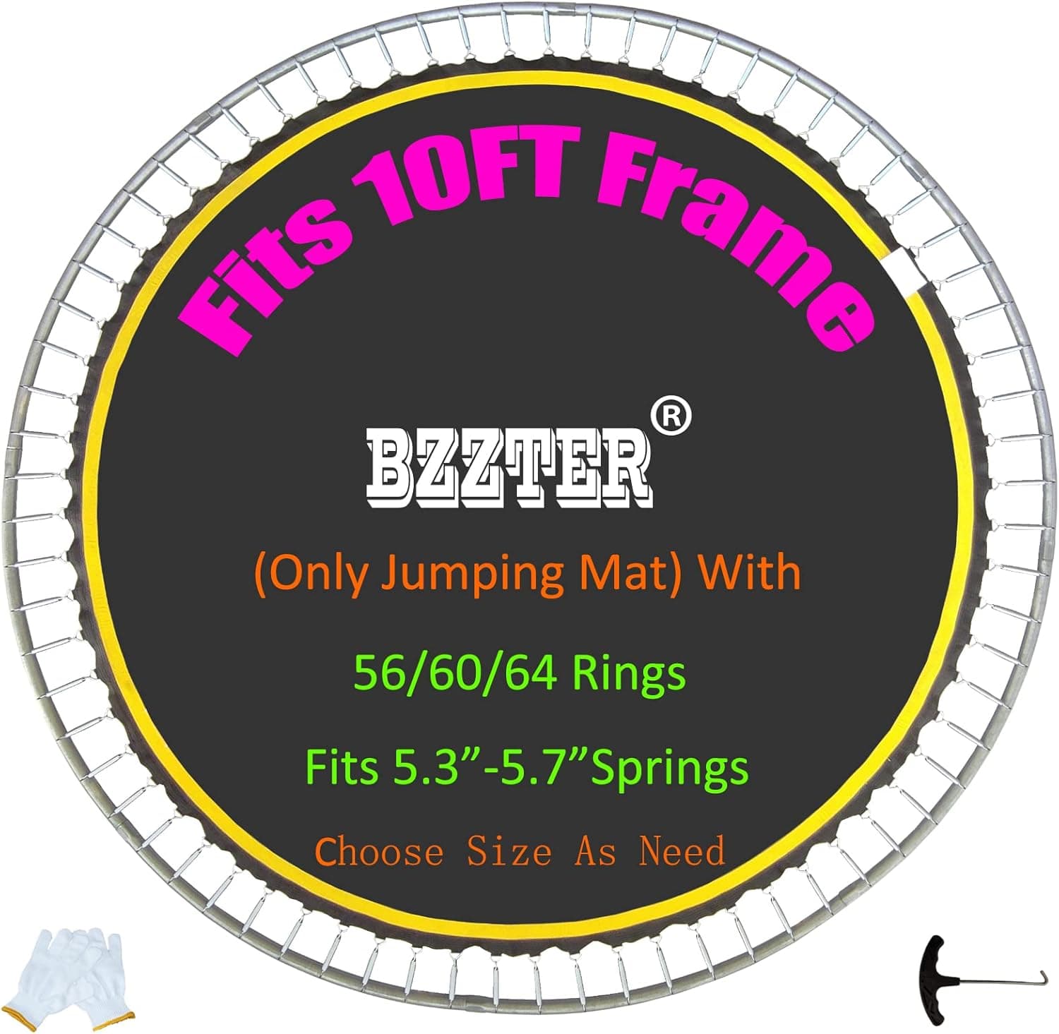 Bzzter Trampoline Replacement Mat 10ft,Trampoline Mat Fit 10ft Frame( Not a 10ft Length Mat),Repalcement Trampoline Mat 10ft, Lasting Longer with 8 Rows of Stitching,w/Spring Tool and Gloves