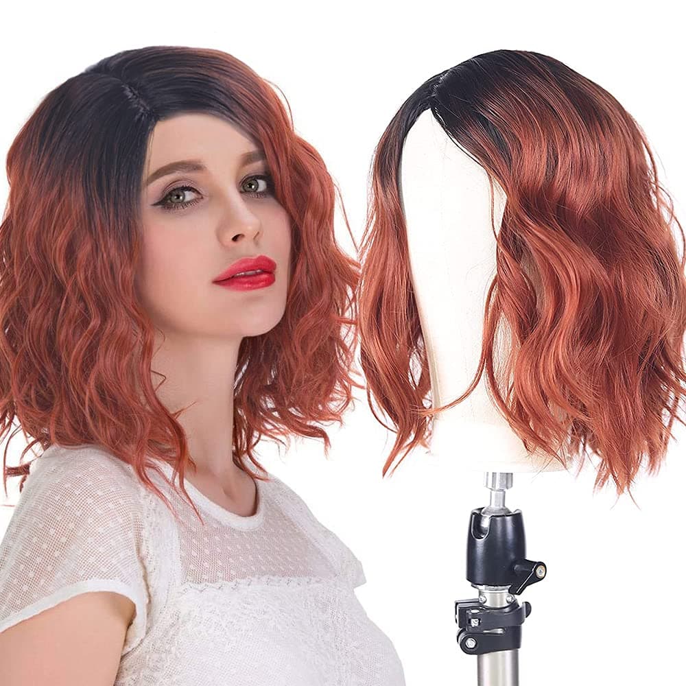 X-TRESS Copper Red Short Bob Wavy Wig Ombre Ginger Heat Resistant Machine Made Synthetic Wigs for Women 12 Inch