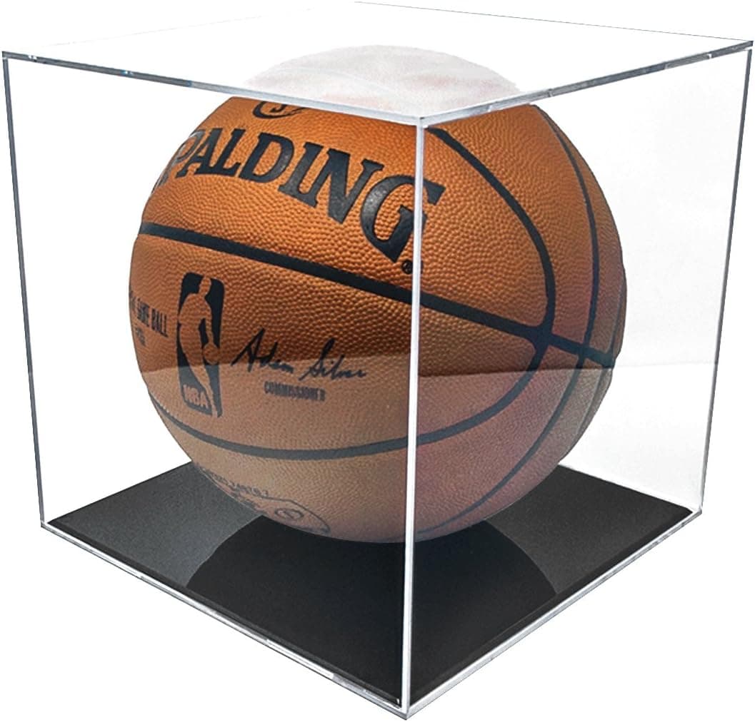THE ORIGINAL BALLQUBE Basketball Display Case with UV Protection - Regulation-Sized Basketball Holder with Black Cradle Stand - 9.4 Inch, Clear, Polystyrene Cube Case Perfect for Storing your Prized Collections