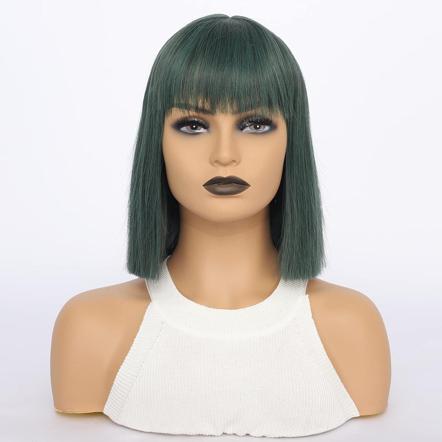 Imierfa Short Wig, Blunt Bob Wig with Bangs, Dark Green Synthetic Wigs for Women Natural Looking Colorful Wigs for Party Halloween Cosplay Daily Use 11 Inches Mixed Dark Green