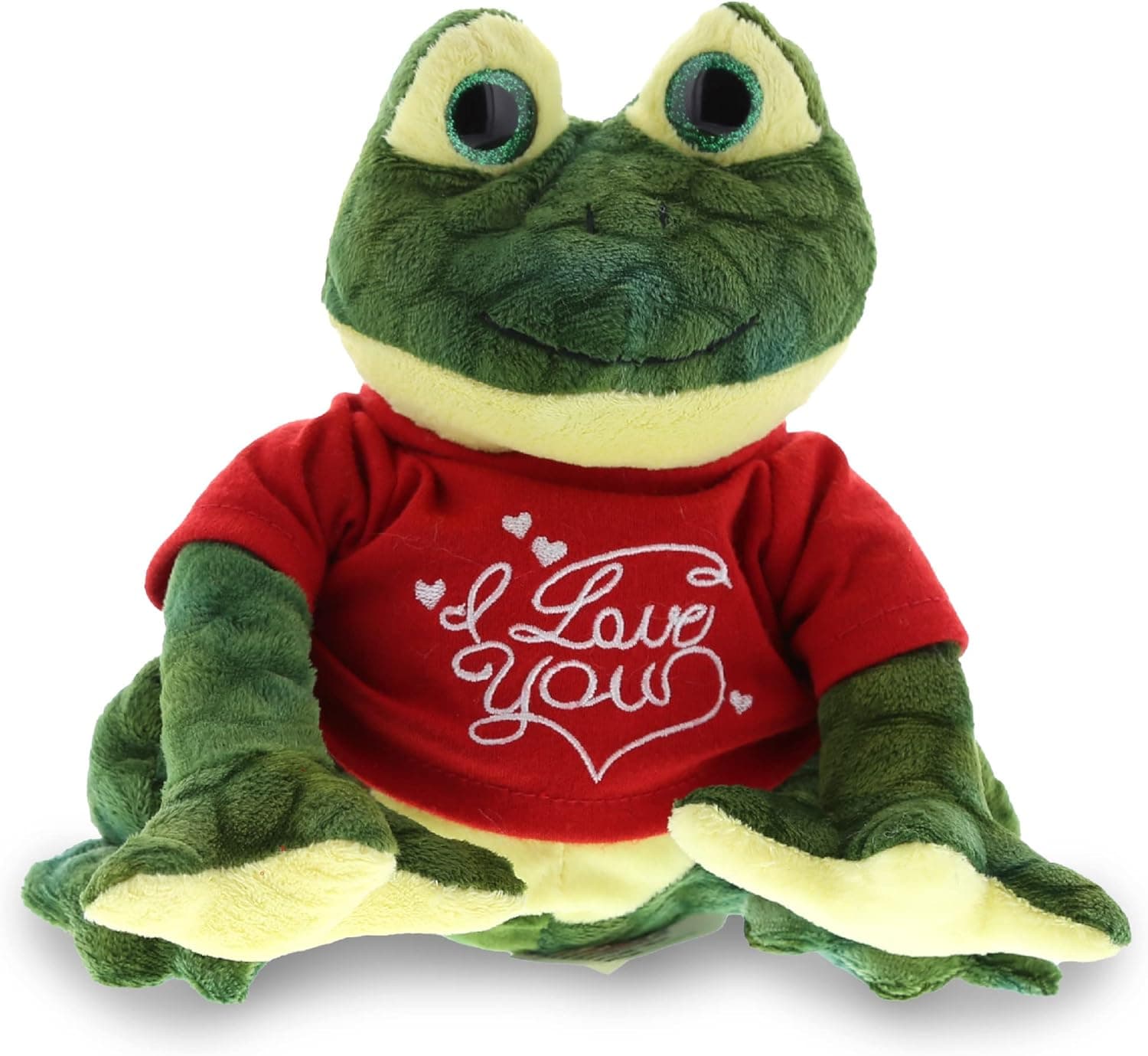 DolliBu I Love You Plush Squat Green Frog - Cute Stuffed Animal with Red Shirt and with Name Personalization for Valentine, Anniversary, Romantic Date, Gift - 6 Inches