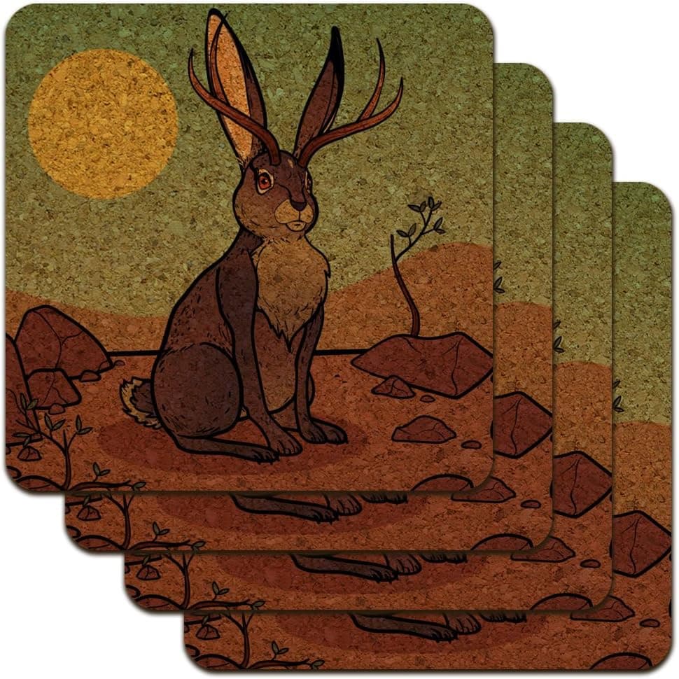 Cartoon Jackalope Low Profile Novelty Cork Coaster Set