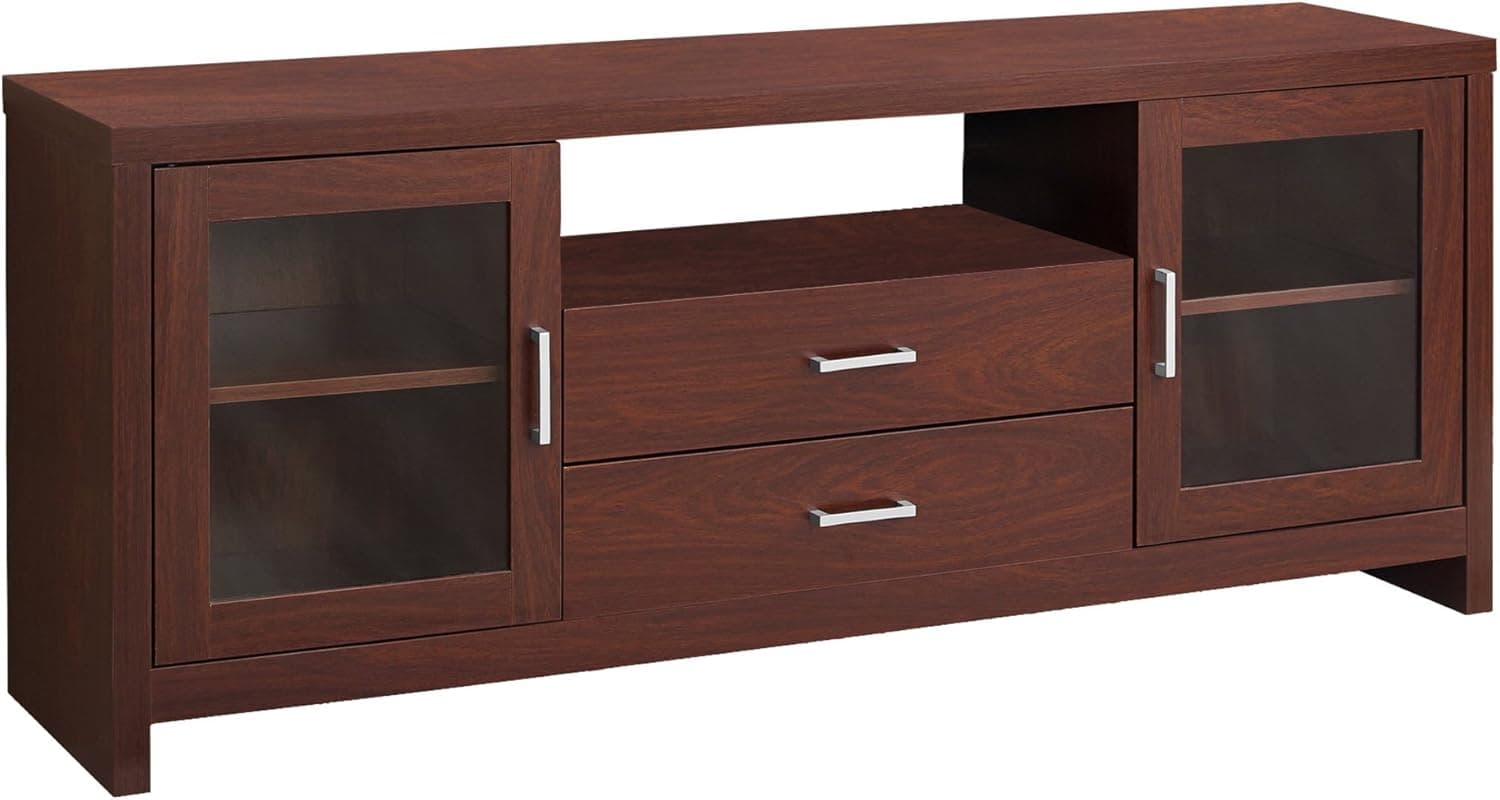 Monarch Specialties Warm Cherry Drawers Glass Doors TV Stand, 60"L x 16"D x 24"H, Red