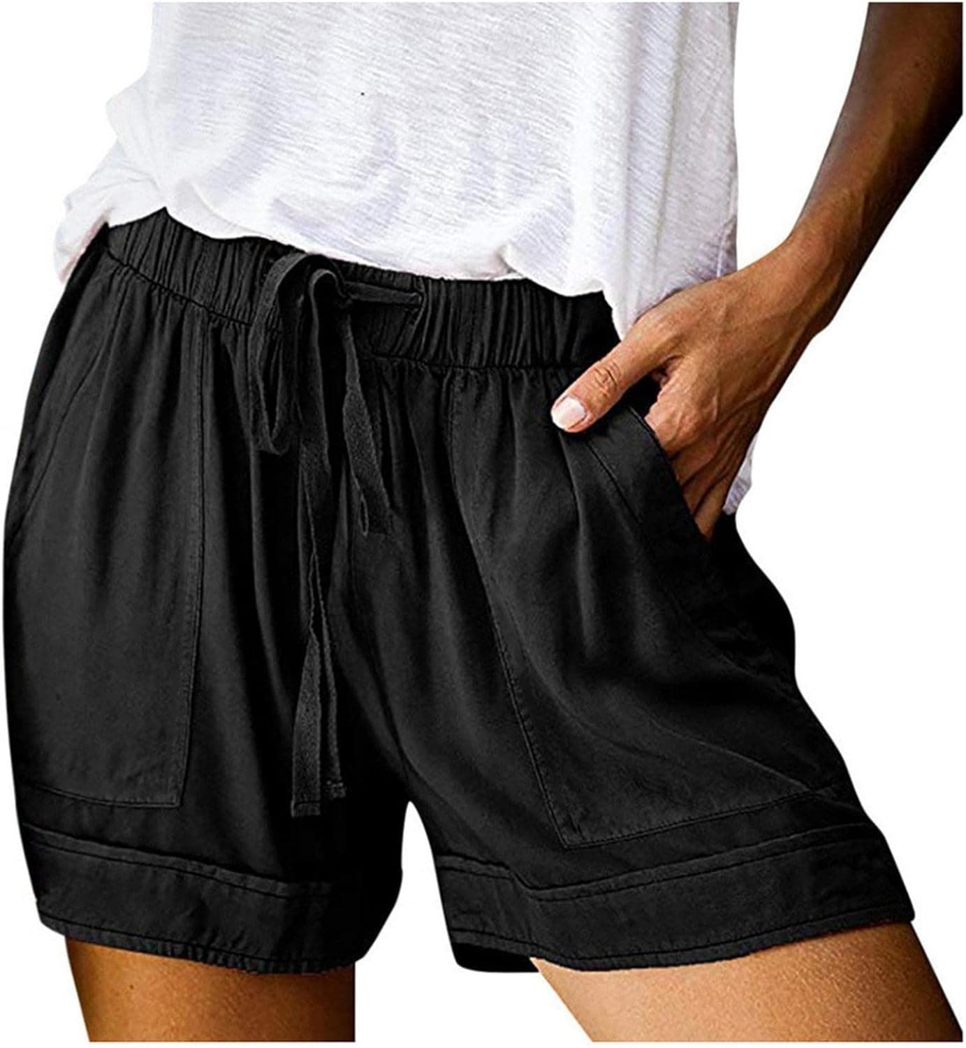 YUANTAN Shorts for Women Casual Summer Plus Size High Waist with Pockets Elastistic Bottoms Ladies Solid Sports Trousers