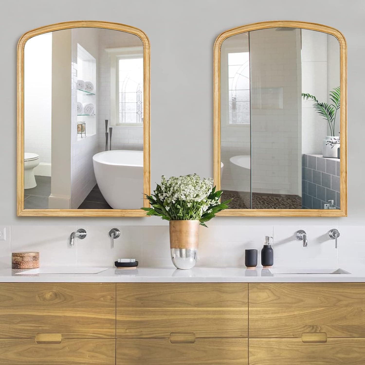 WallBeyond 2 Pack Wooden Framed Arch Mirror, 24" x 36" Farmhouse Arched Bathroom Wall Mirror for Wall Decor, Entryway, Living Room and Bedroom
