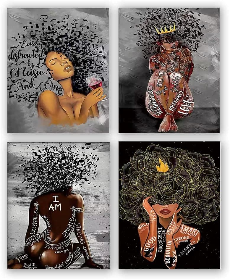 QXN Black Queen Poster African American Wall Art ,Motivational Girl Prints,Black Woman Prints,Fashion Room Modern Bathroom Bedroom Living Decor Aesthetic Artwork- Set of 4 (8''X 10'', No Frame)