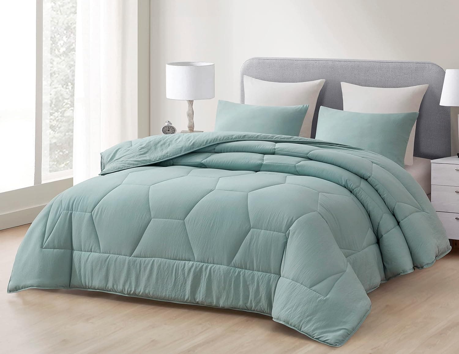 Chezmoi Collection Vero 2-Piece Honeycomb Quilted Microfiber Comforter Set - Soft Washed Lightweight Geometric Hexagon Bedding, Twin, Aqua
