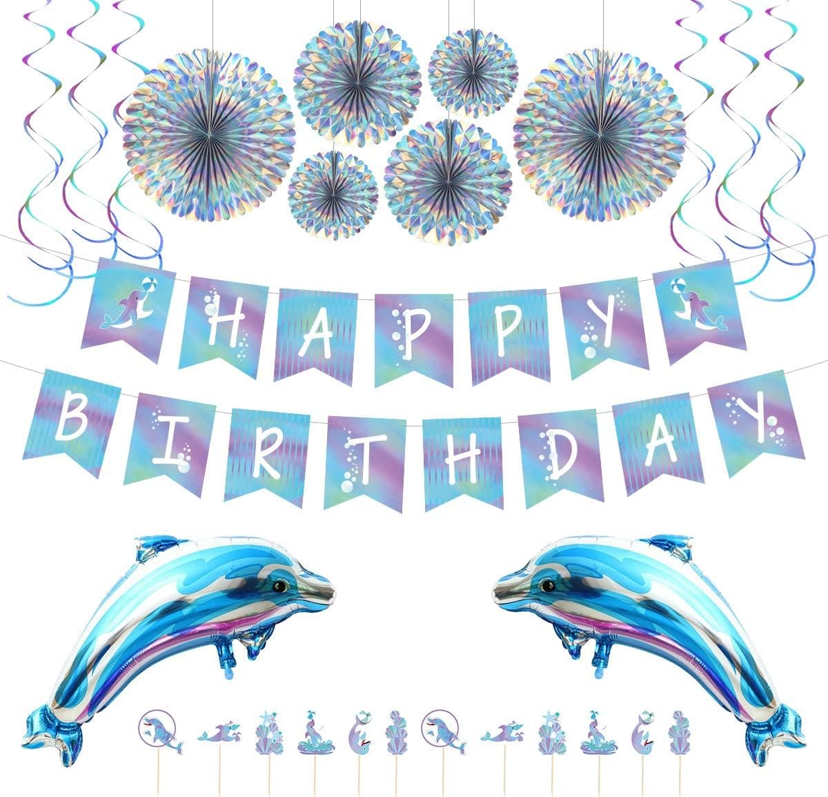Dolphin Party Decoration Birthday Party Decoration Blue Party Decoration Ocean Party Decoration Include Balloons, Spiral Charms, Paper Fans, Cupcake Toppers, Happy Birthday Banner