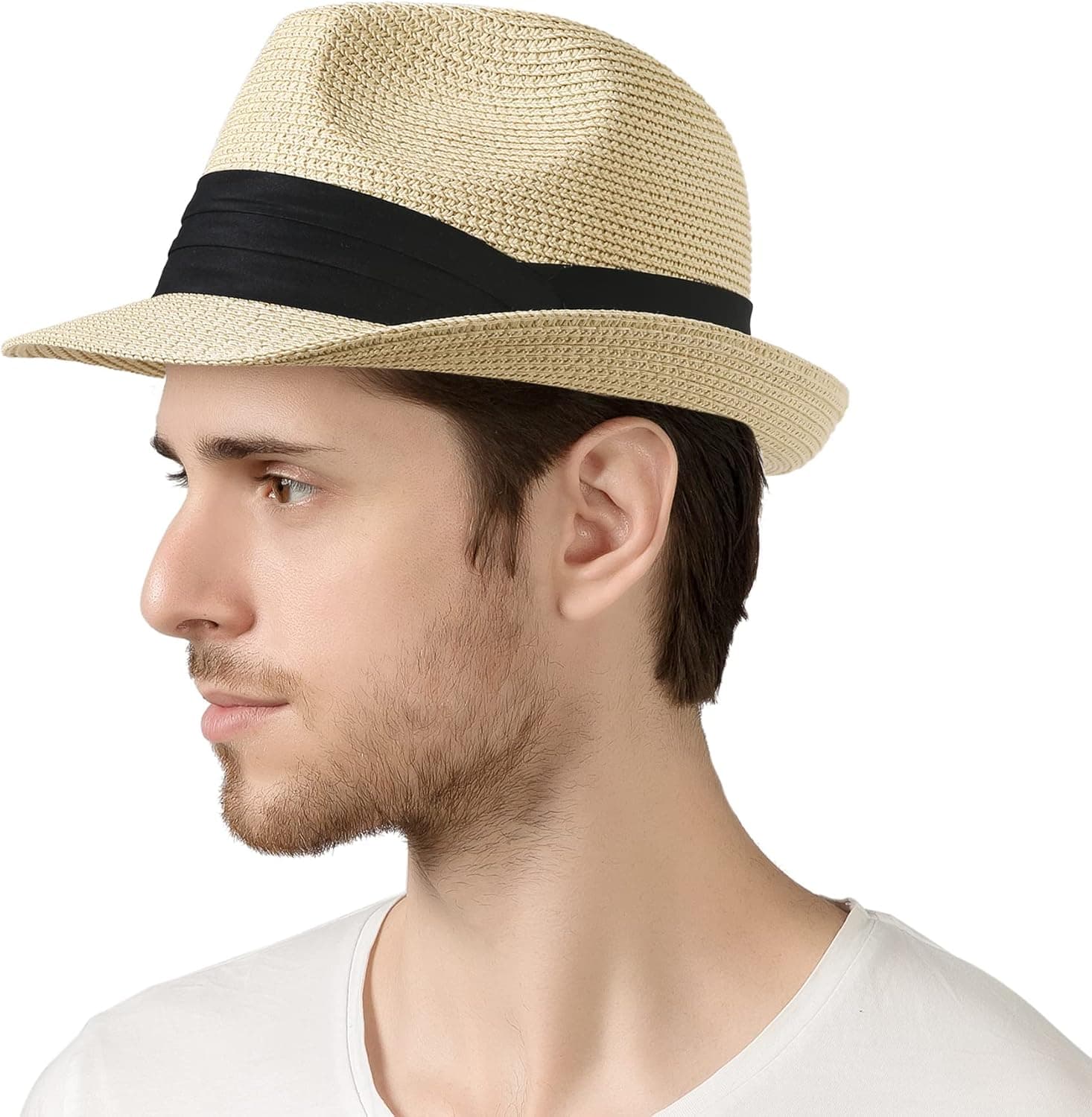 Lanzom Men Women Fedora Straw Sun Hat Foldable Roll Up Short Brim Trilby Hat Summer Beach Hat