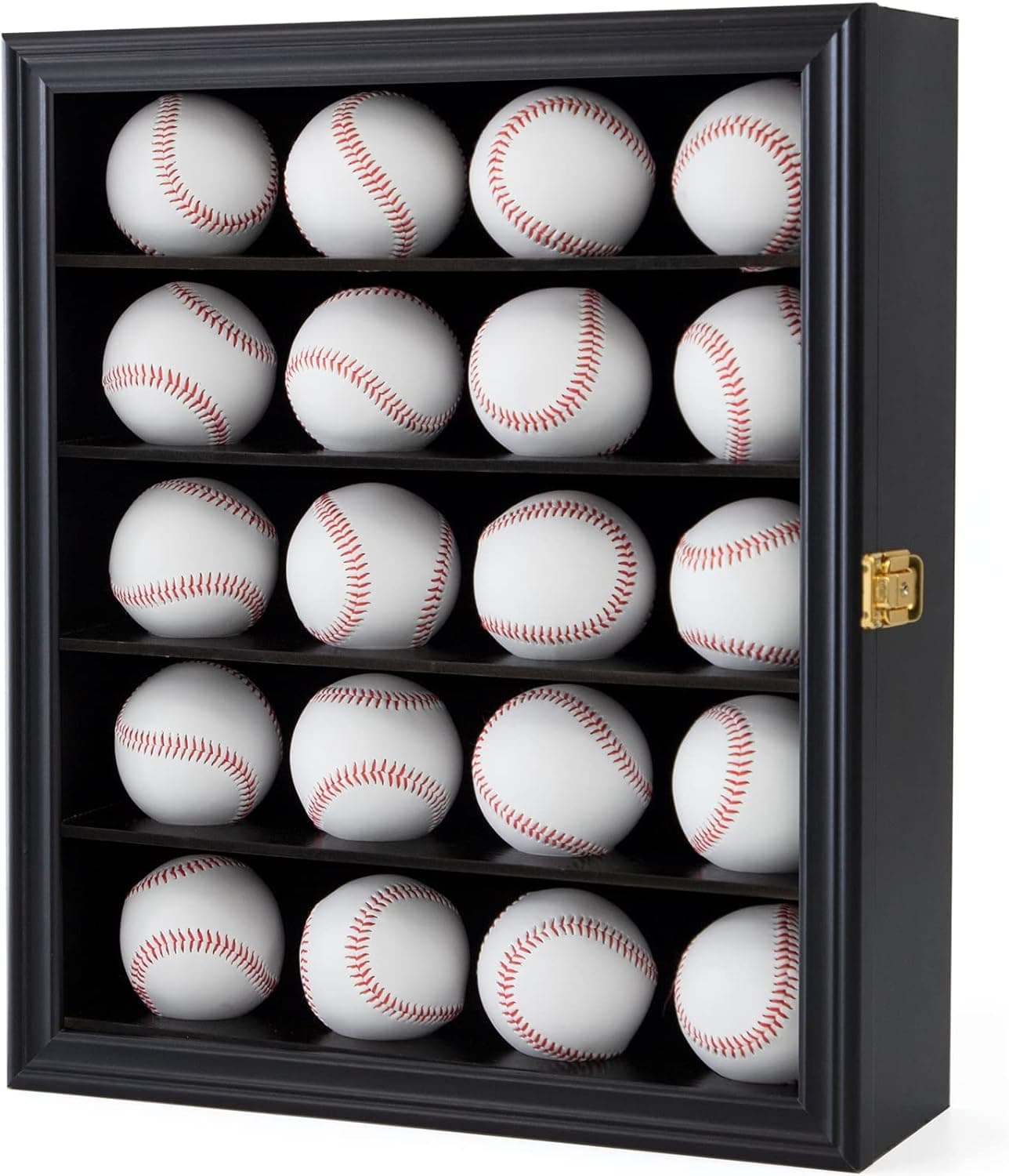 HOROW 20 Baseball Display Case Wall Mount Home Plate W/98% UV Protection Acrylic Transparent Door Lockable Wood Showcase Cabinet Hanging Shelf Holders Shadow Box-Black