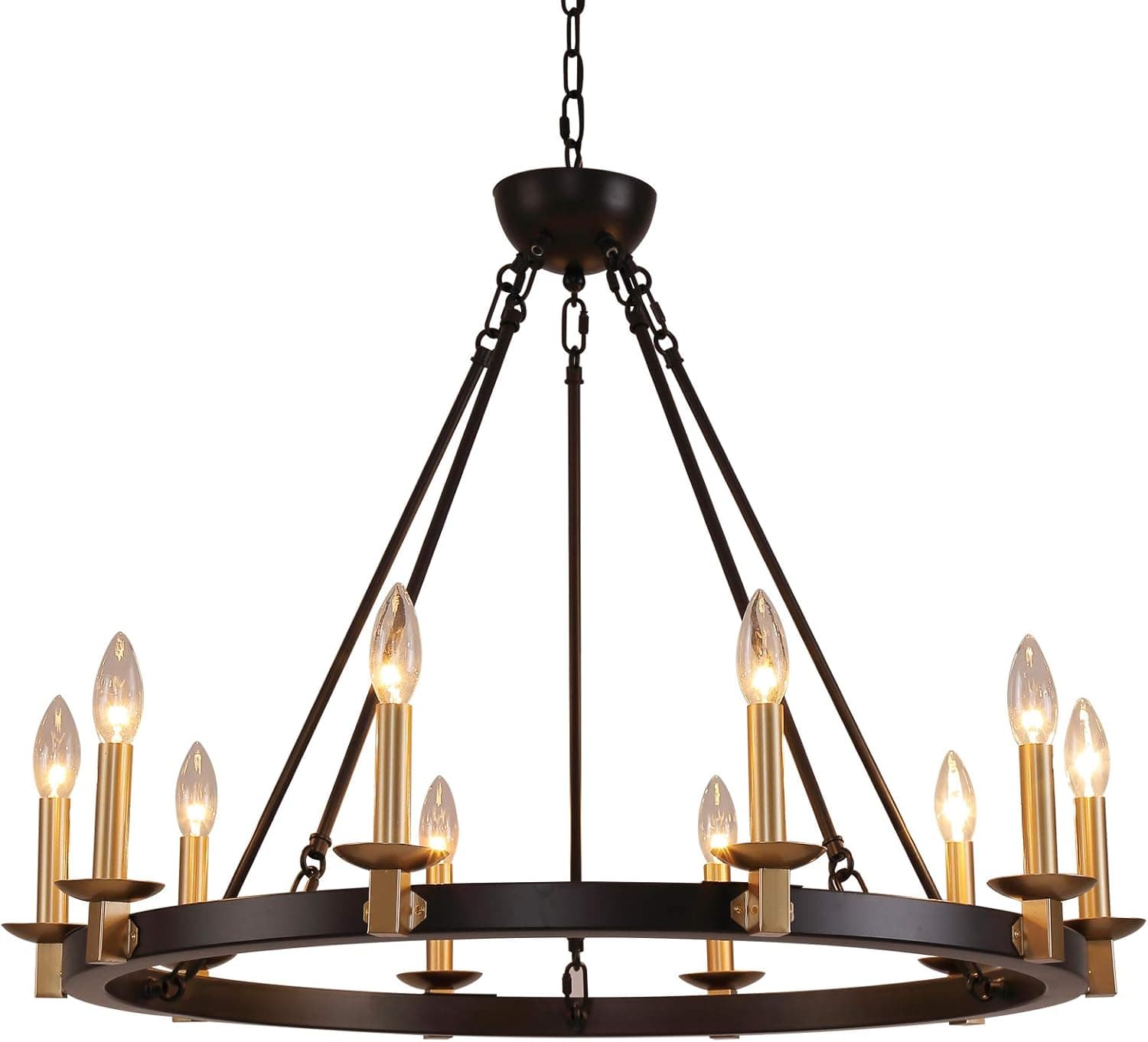 Q&S Black and Gold Wagon Wheel Chandeliers,Rustic Vintage Antique Farmhouse Chandelier Pendant Light Fixtures for Kitchen Island Dining Room Foyer Coffee Shop Living Room UL Listed