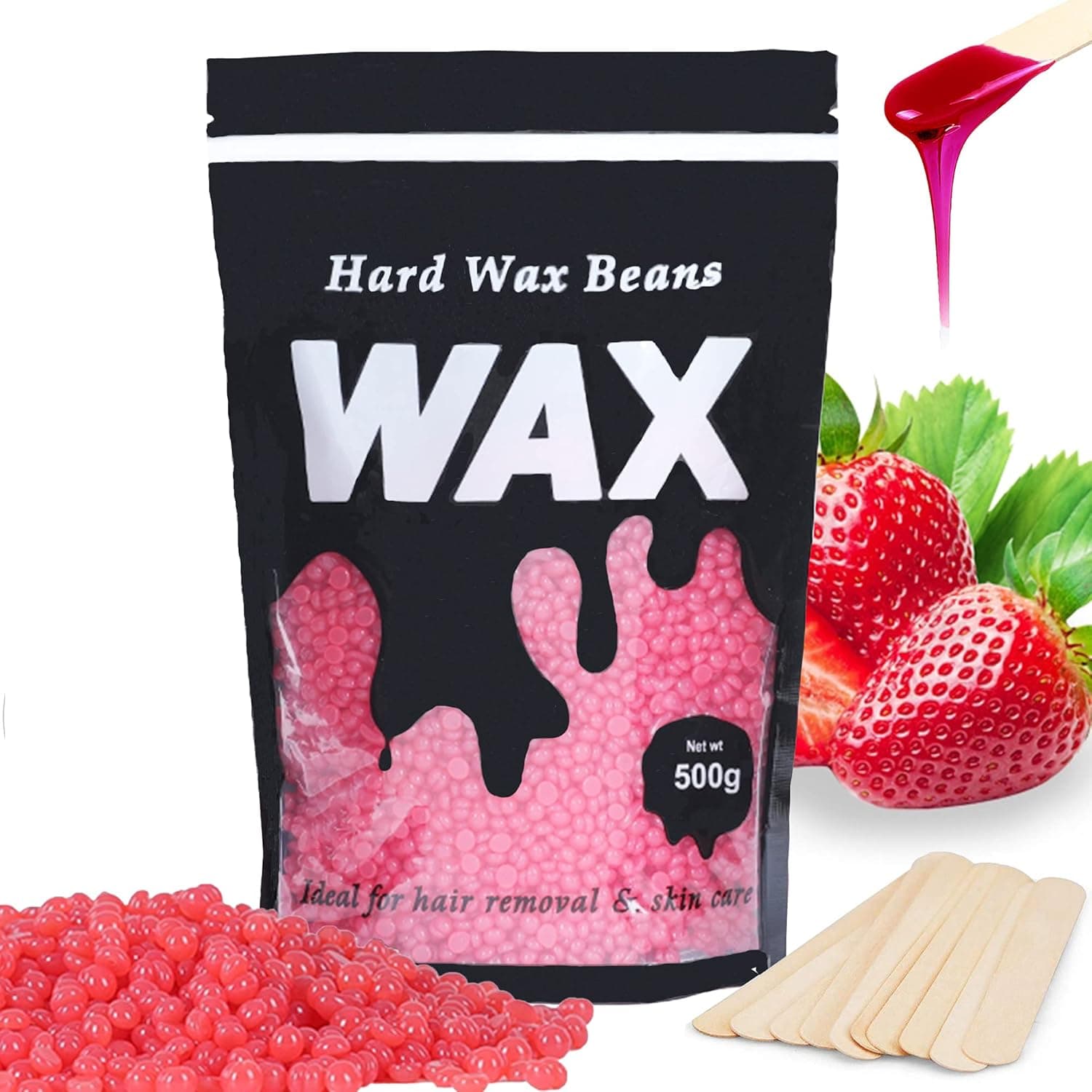 AWANGLUO 1.1lb Hard Wax Beads for Women and Men,with 10 Applicator Sticks,Low Melting Point for Sensitive Skin,Coarse Body Hair Specific, for Body, Legs, Face, Underarm, Bikini, Brazilian,Underarms for any Wax Warmer(Strawberry)