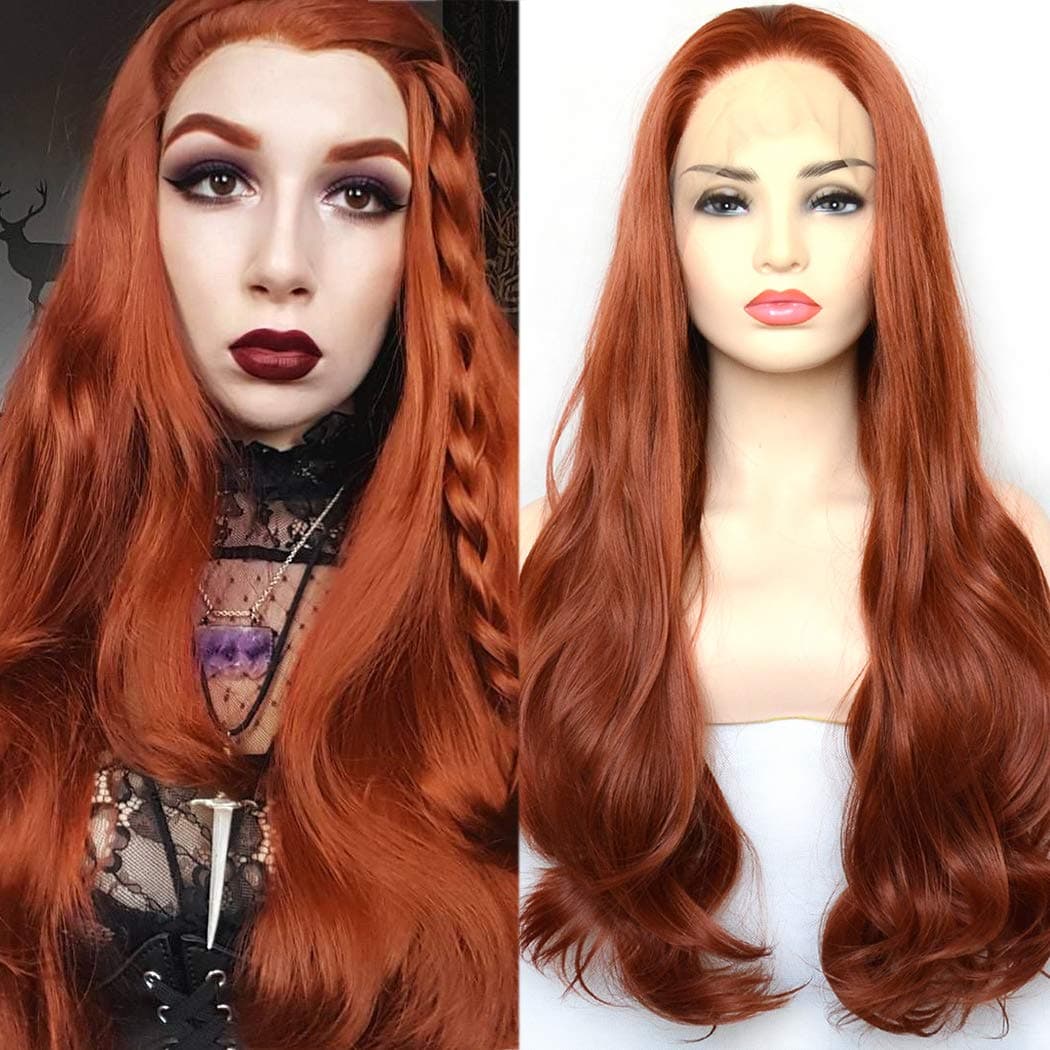 BLUPLE Natural Wavy Lace Front Wigs Women's #350 Copper Red Heat Resistant Synthetic Hair Half Hand Tied Wig Free Part for Halloween (22 inches, Natural Wave,Red#350)