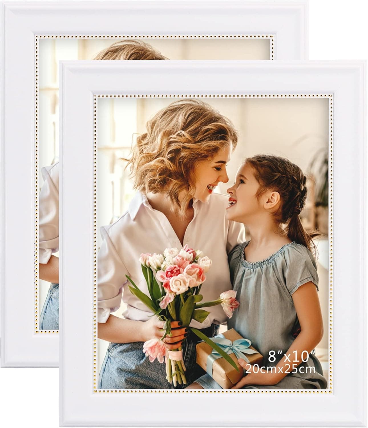 GraduatePro 8x10 Picture Frame Wooden Look with Real Glass, Display Photos for Wall or Tabletop, White with Gold Beaded, Pack of 2