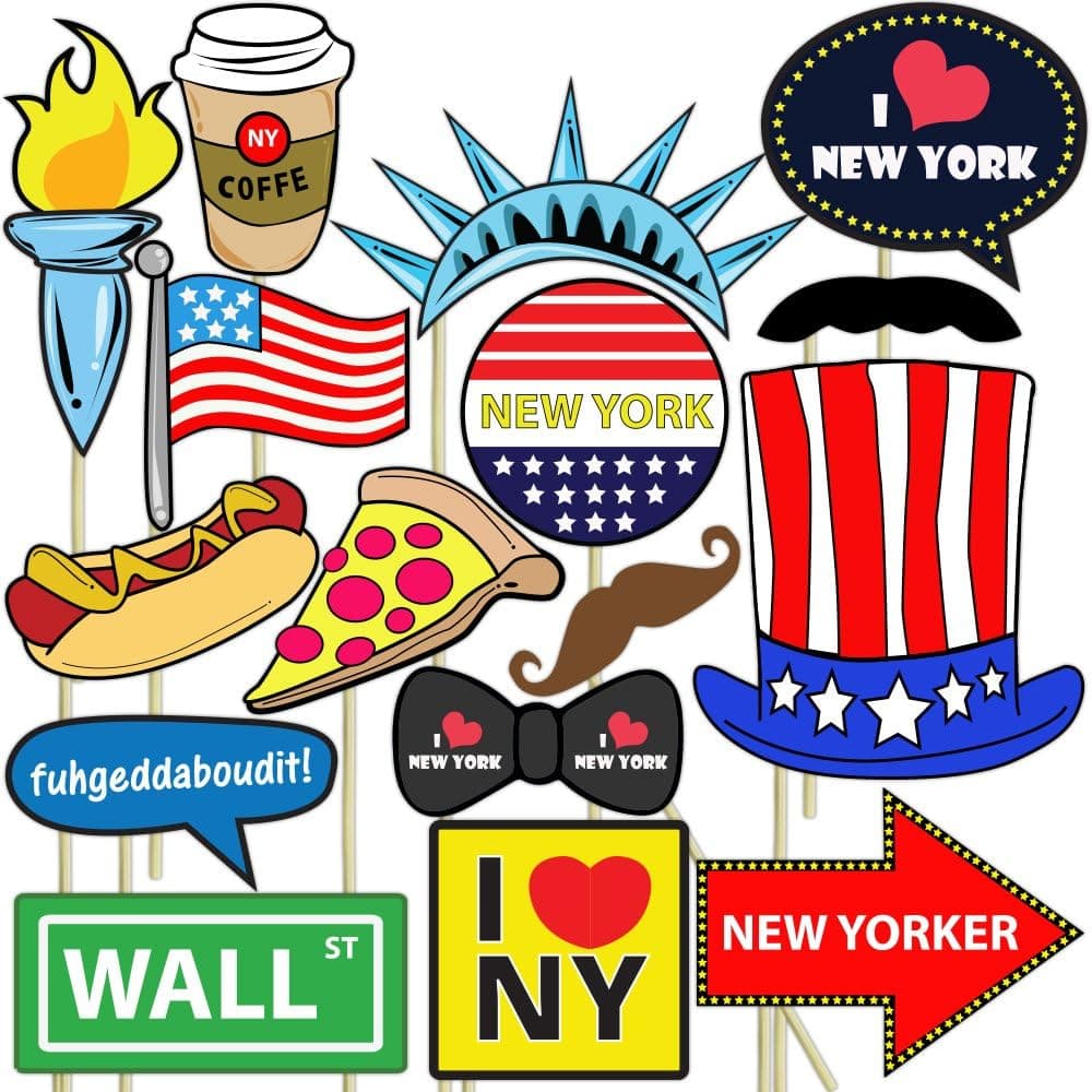 Blue Orchards New York Photo Props (32 Pieces) for Photo Booths, Selfies, Great for Birthday Parties, Proms, and More! Party Favors are Pre-Made (Not DIY) for Your Convenience!
