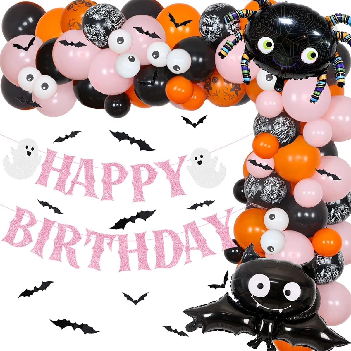 Halloween Birthday Party Decorations for Girl Pink - Balloon Arch Garland Kit Happy Birthday Banner 3D Bat Stickers Spider Eyeball Balloons