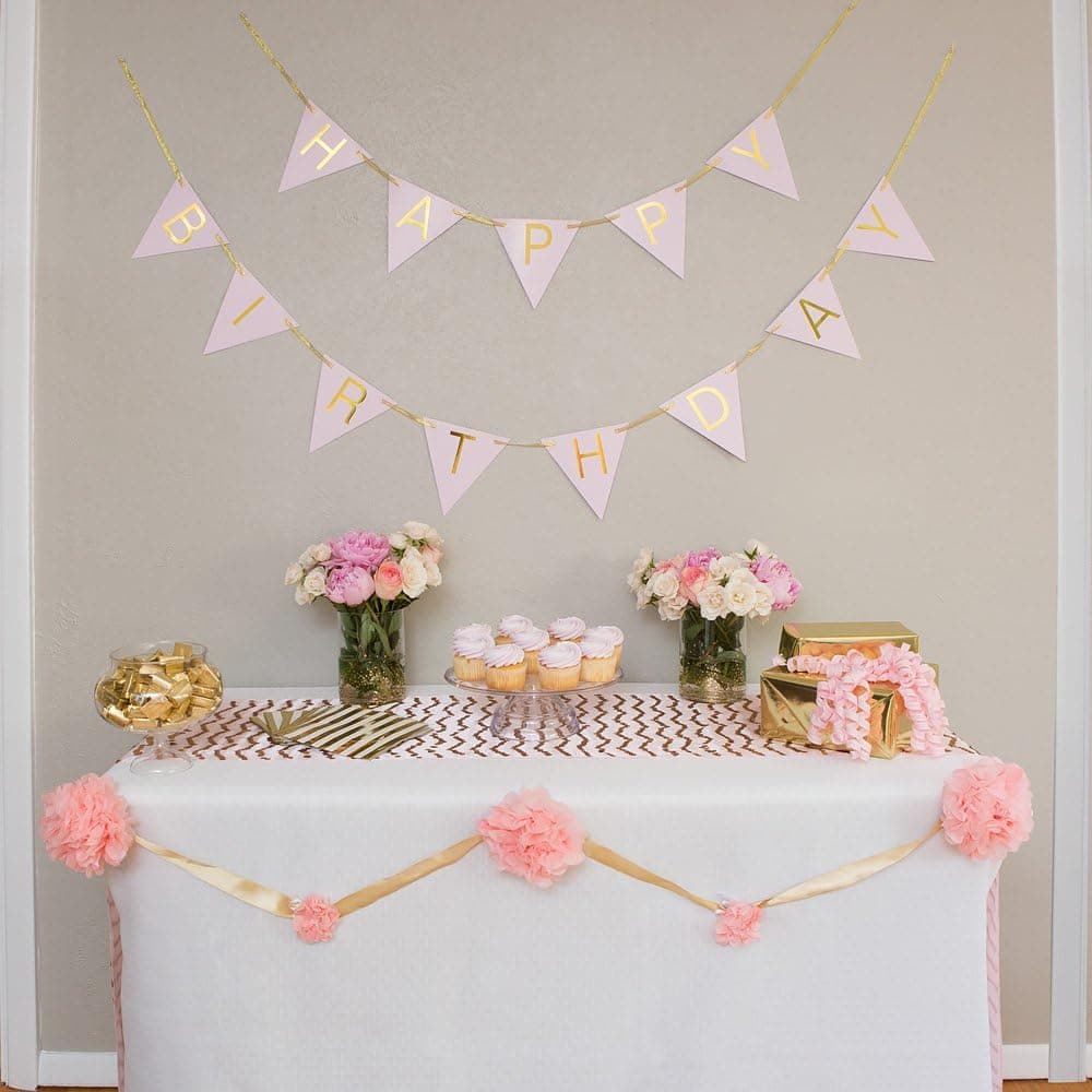The Madynn Happy Birthday Bunting Banner, Pastel Pink / Gold