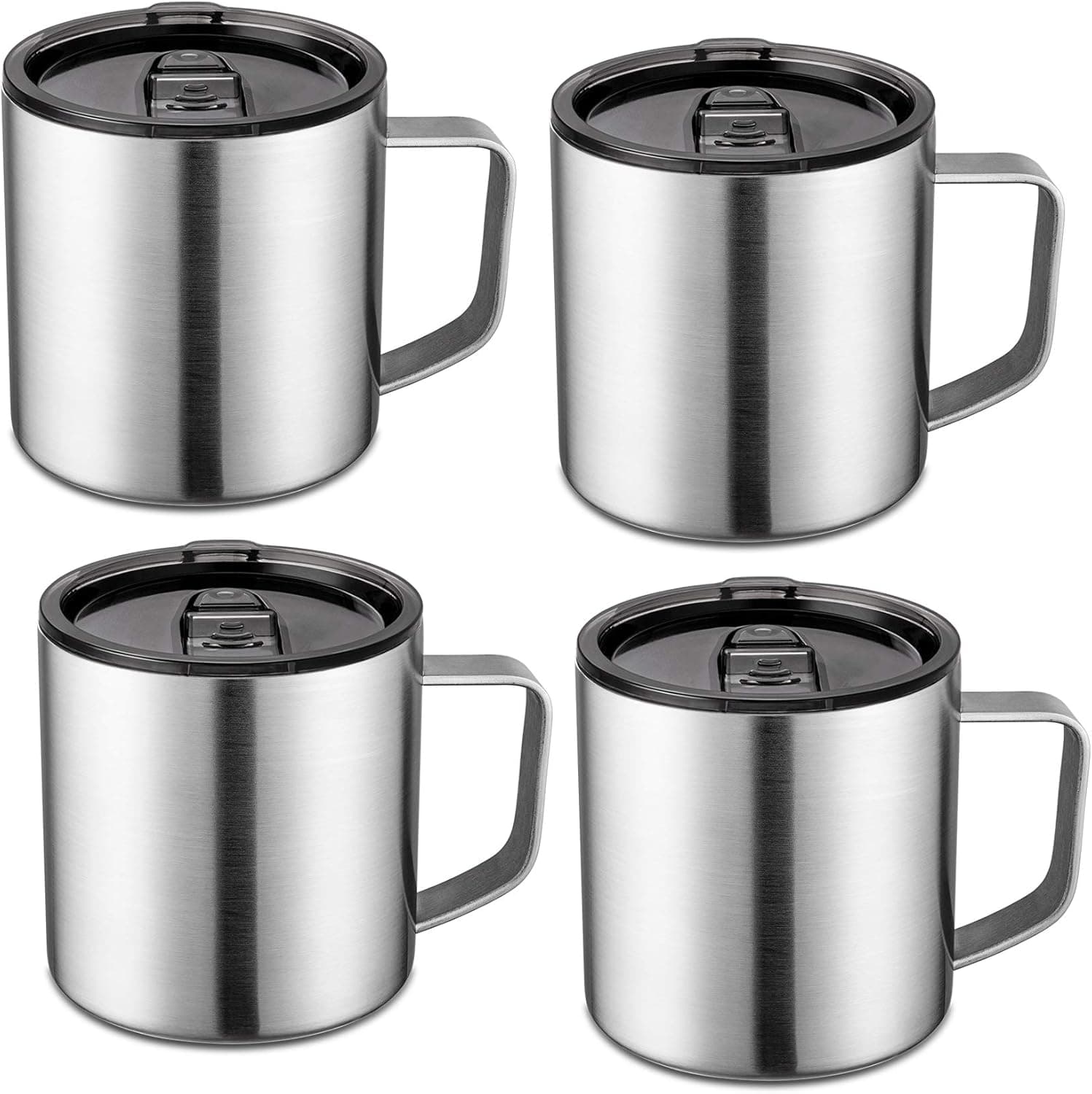 Lafaso 14oz Bulk Stainless Steel Coffee Mug With Handle,Double Walled Vacuum Travel Insulated Coffee Mug With Lid (stainless steel 4 Pack)