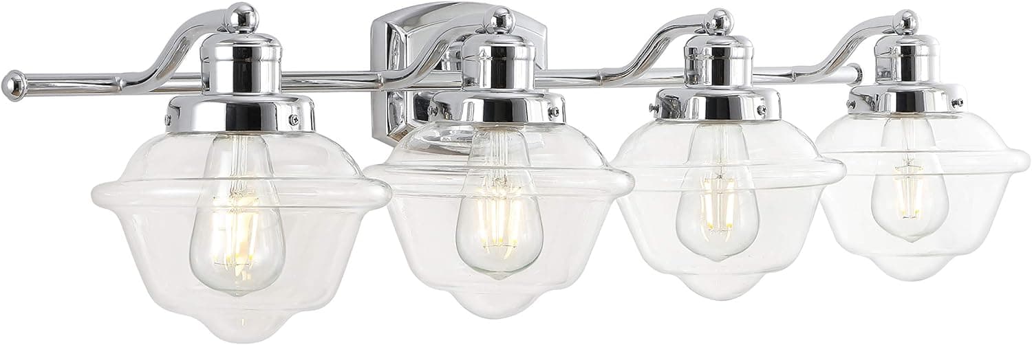JONATHAN Y JYL3533A Orleans 35.75" 4-Light Iron/Glass Schoolhouse Coastal Cottage LED Vanity Light French Country 2700K LED 4W Bulbs Entryway Lobby Kitchen Bathroom Bedroom Hallway, Chrome