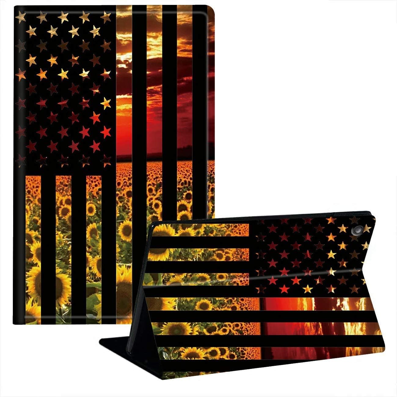 JStar Case for All-New Amazon Fire HD 10 10.1" Tablet (7th Generation/9th Generation, 2017/2019 Release), Smart Folding Stand Cover with Auto Wake/Sleep - American Flag in Sunflowers