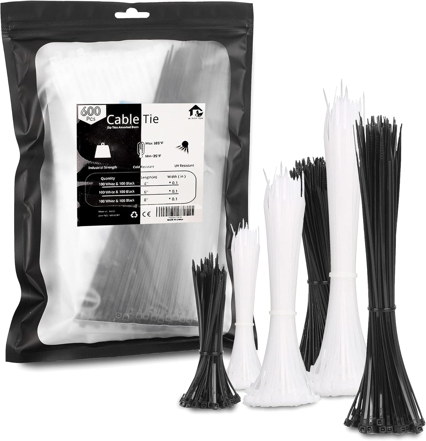 600pcs Cable Zip Tie 4+6+8-Inch Thin Zip Ties Heavy Duty 40lbs Nylon Cable Ties for Zip Tie Gun or Cutters WINSFISH