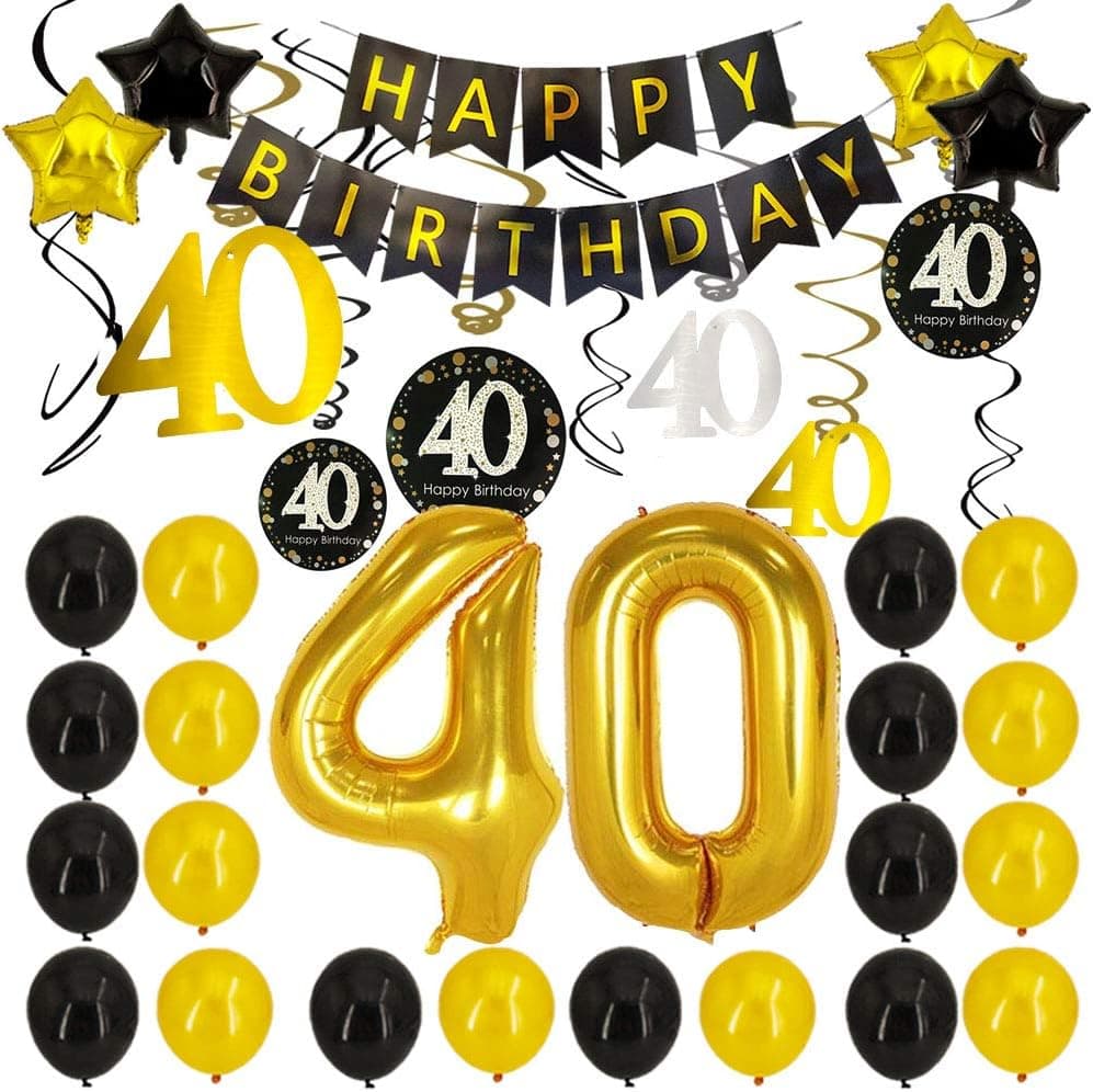 40th Birthday Decorations - 40th Number Balloons Black and Gold Party Decorations 40th Birthday Banner With 40th Hanging Swirls Birthday Decorations for women men