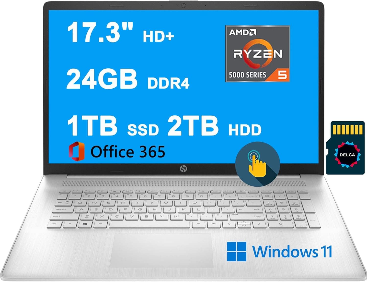 HP Laptop 17 Business Computer I 17.3" HD+ Touchscreen I AMD 6-Core Ryzen 5 5500U (>i7-1160G7) I 24GB DDR4 1TB SSD + 2TB HDD I AMD Radeon Graphics USB-C Win11 Silver + 32GB MicroSD Card