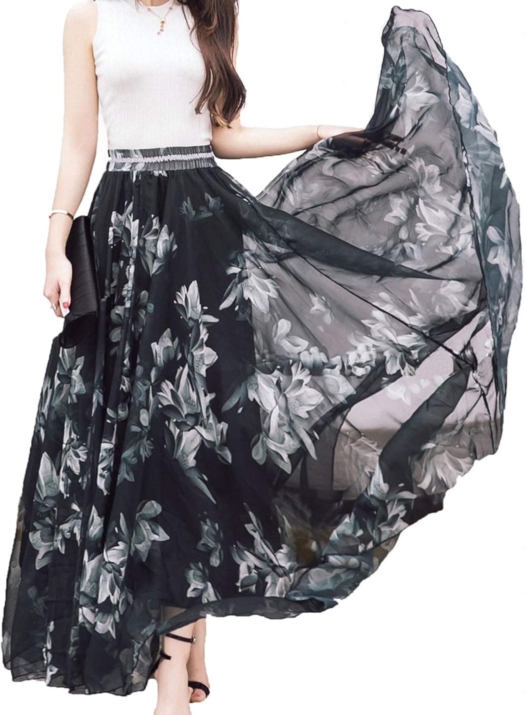 Sinono Women's Floral Maxi Chiffon Long Skirts Full Length Beach Skirt