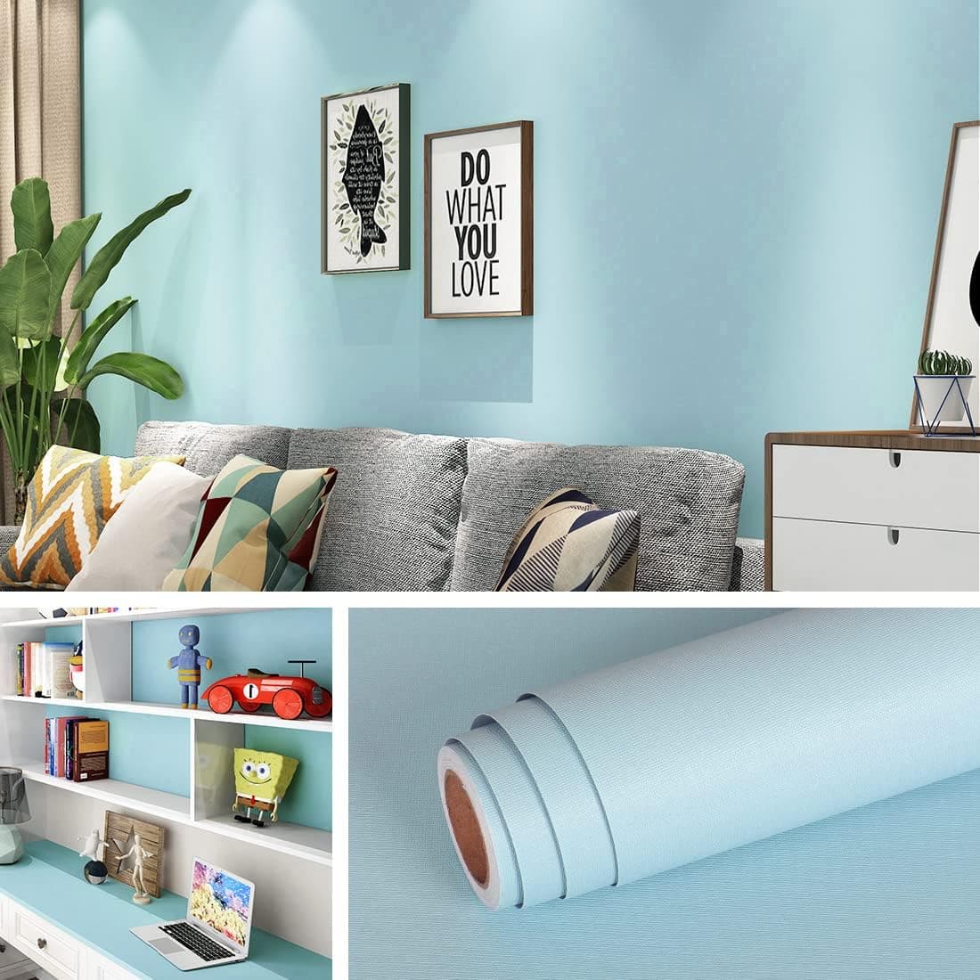 Livelynine 15.8X394 Inch Light Blue Wallpaper Peel and Stick Wall Paper Sticker Pull and Stick Kids Room Boys Living Room Wall Kitchen Cabinets Bathroom Vinyl Peel and Stick Removable Wallpaper Blue