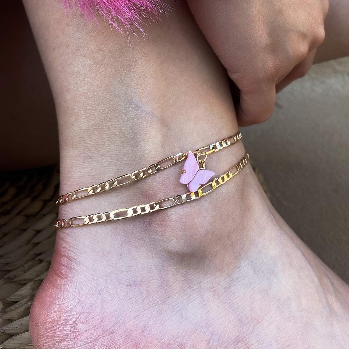 Aimimier Bohemian Butterfly Ankle Bracelet Set 2 Pcs Geometric Chain Link Anklet Boho Beach Barefoot Jewelry for Women and Girls