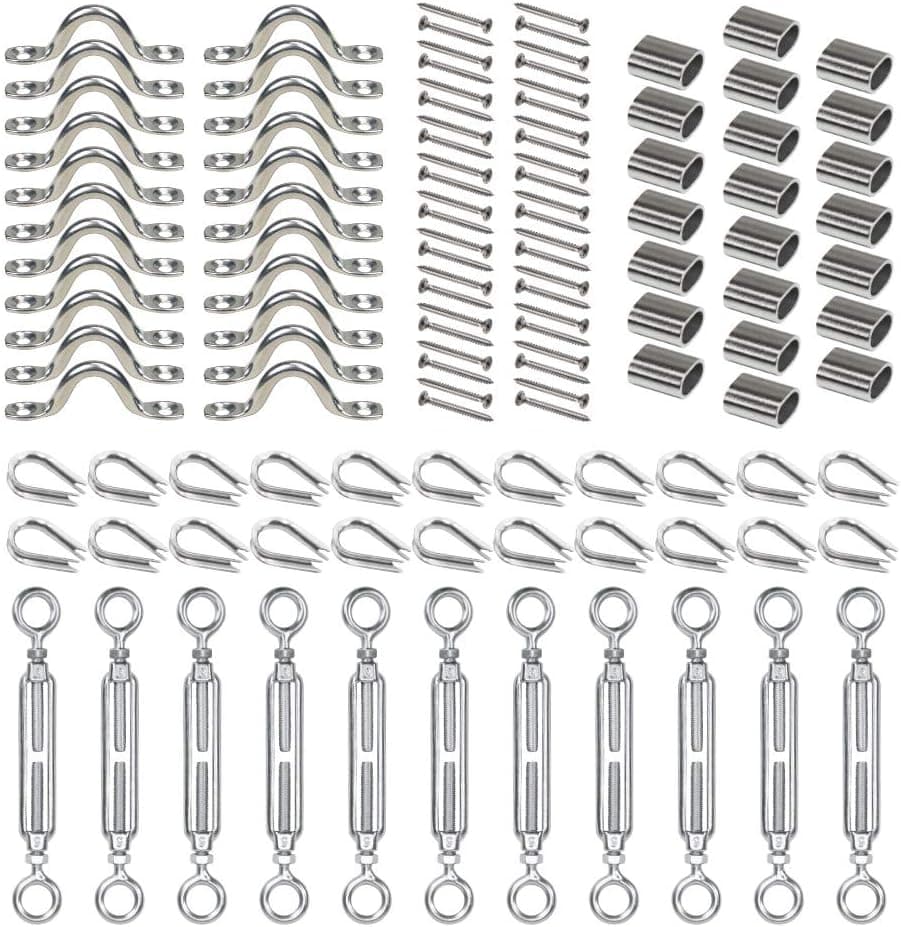 IZOKIN 11pcs DIY Balustrade Hand Rail Fence Deck Cable Railing Hardware Swage Fixed Ends connectors Fittings Tension Kit for Wood Post 1/8" Stainless Steel Wire Rope Aircraft Cable
