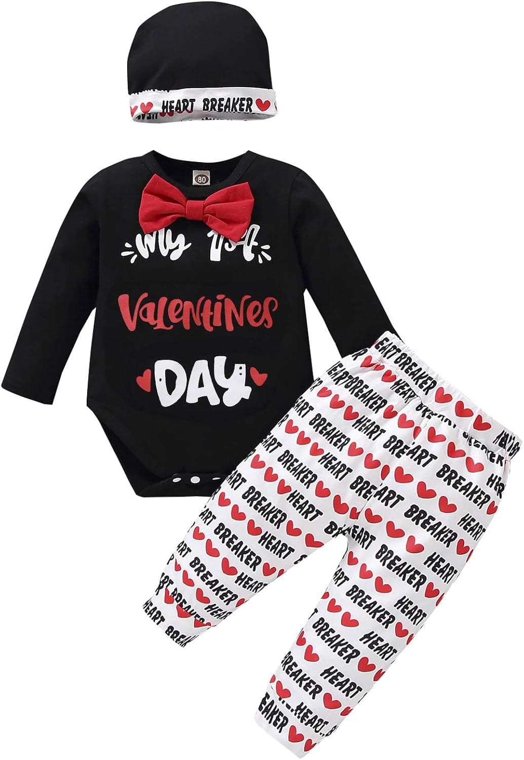 Newborn Baby Boys Valentine's Day Outfits My 1st Valentine's Day Romper Bodysuit Heart Pants Hat 3Pcs Clothes Set