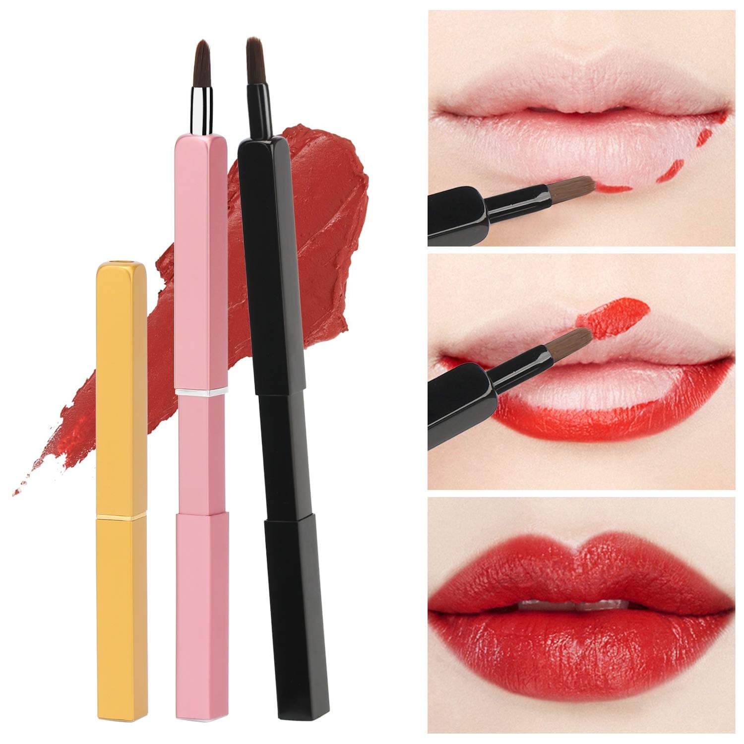 3pcs Retractable Lip Brush Set, Segbeauty Portable Makeup Brushes for Applying Lipstick Gloss, Travel Size Lip Brush Applicator Kit for Lip Liners with Non-shedding Flexible and Firm Synthetic Bristle